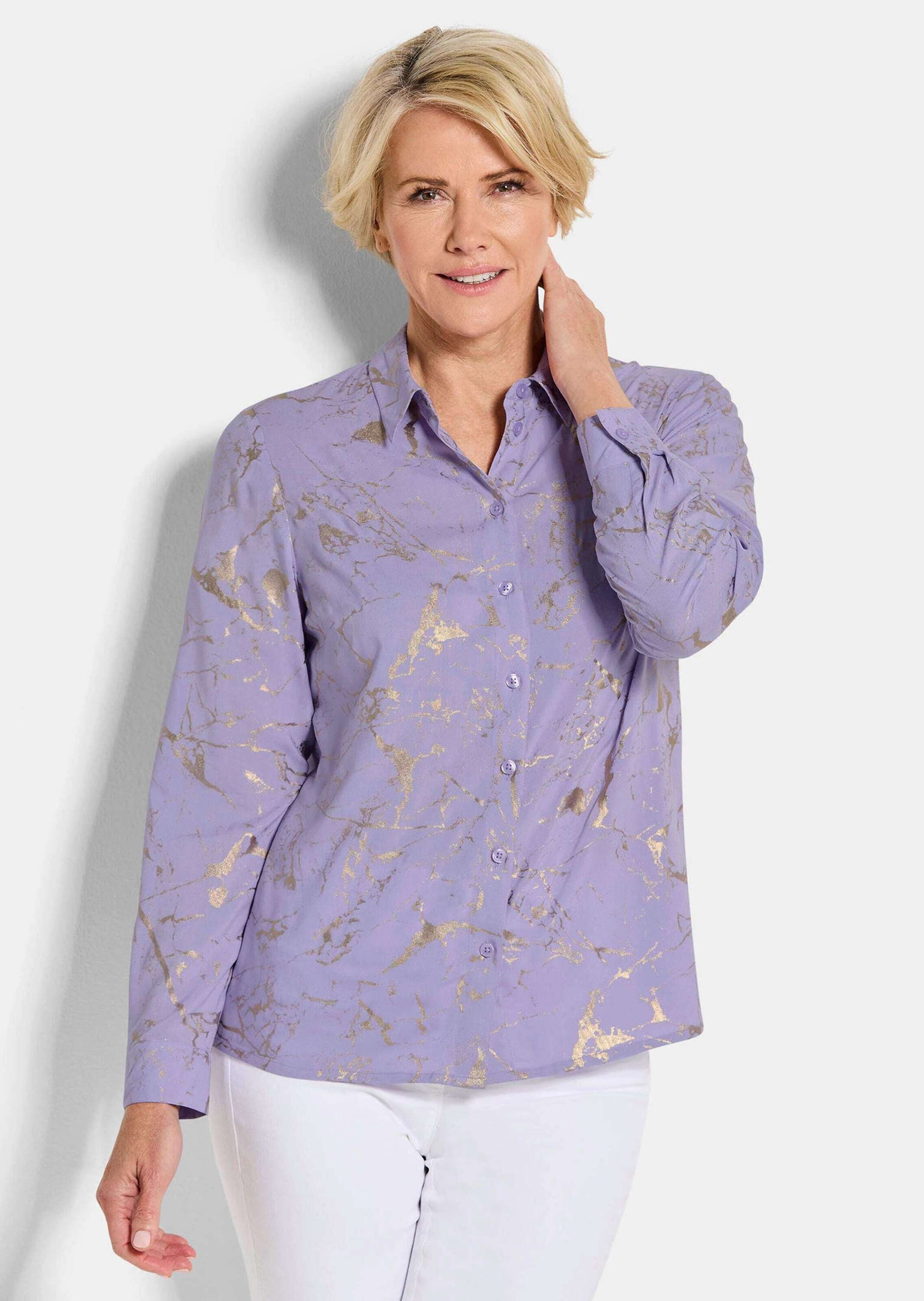 Hemdbluse GOLDNER "Druckbluse mit schimmerndem Print", Damen, Gr. 48, lila (flieder, gemustert), Obermaterial: 100% Viskose CV., figurumspielend, Blusen Hemdbluse, Foil Print 2