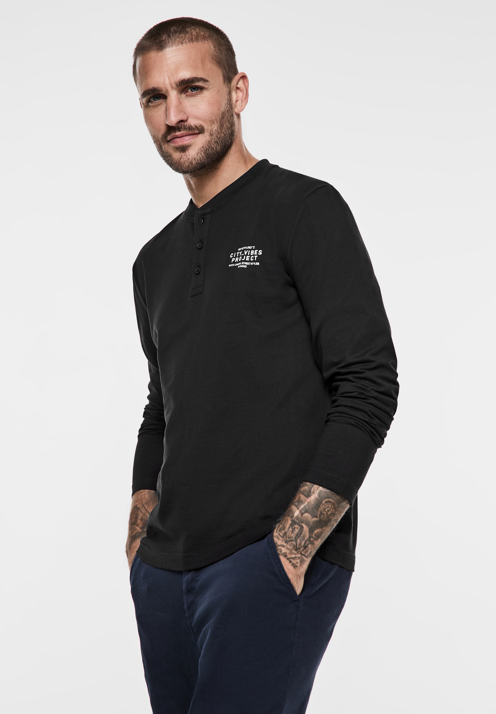 STREET ONE MEN Langarmshirt, mit Knopfleiste