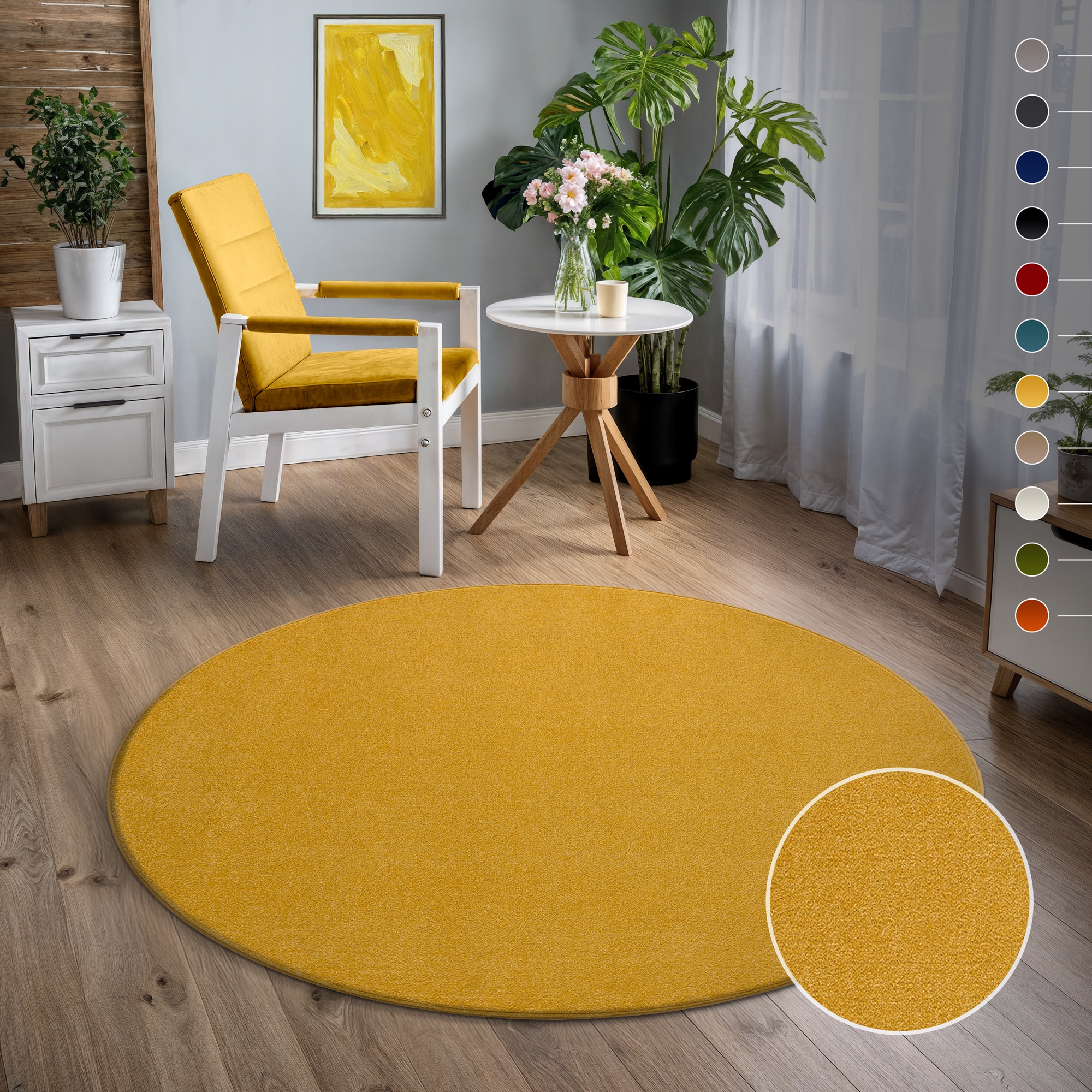 Sanat Teppich "UNI, auch als Läufer und Rund" rund 13 mm Höhe robuster Kurzflorteppich, große Farbauswahl, Wohnzimmer, alle Räume