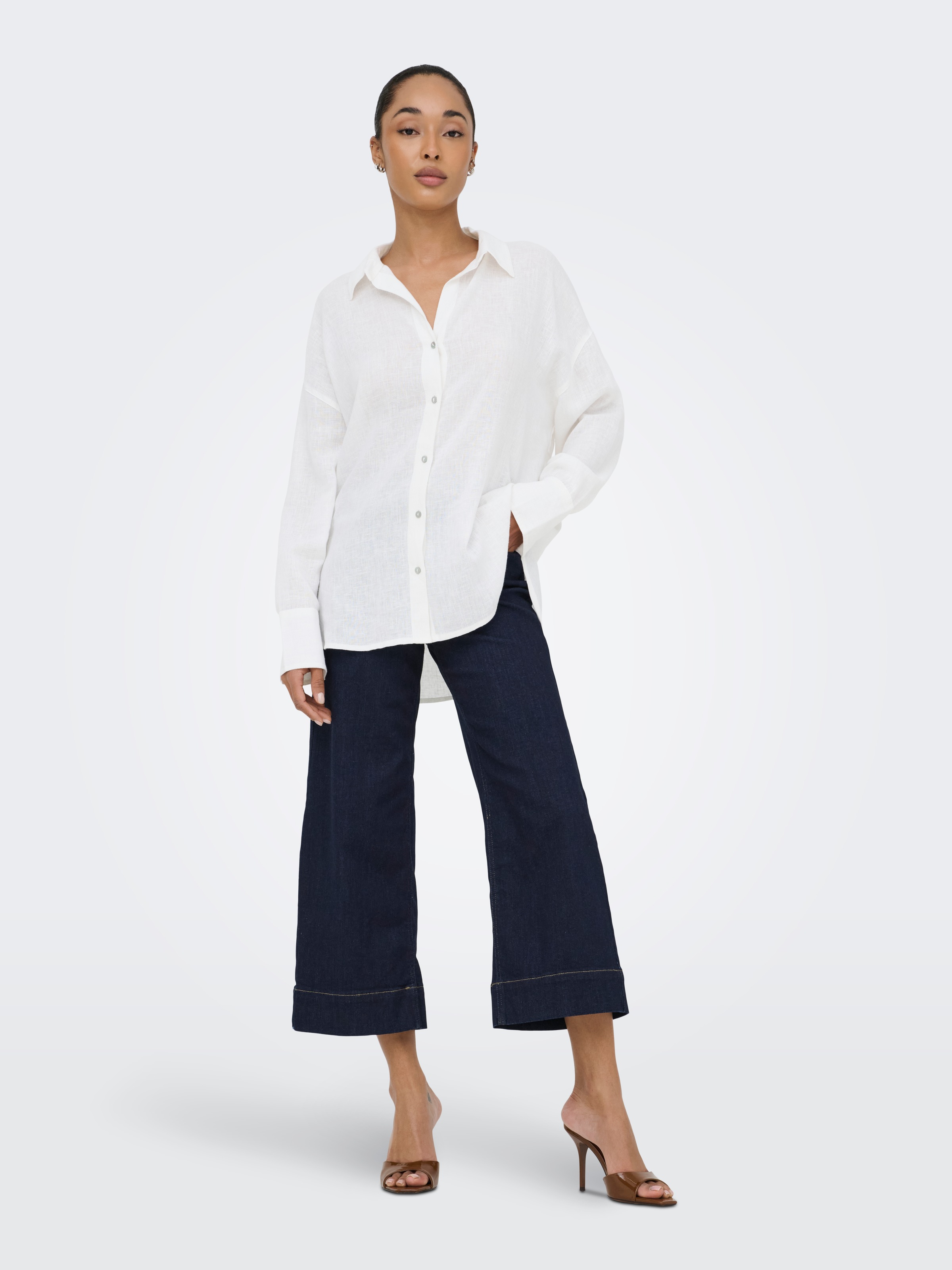 Hemdbluse ONLY "ONLBRUXELLES V- LS LIN BL SHIRT PNT NOOS", Damen, Gr. L, hellweiß, Web, Obermaterial: 55% Leinen, 45% Viskose, unifarben, regular fit Po-bedeckend, Blusen Hemdbluse, mit Leinen 2