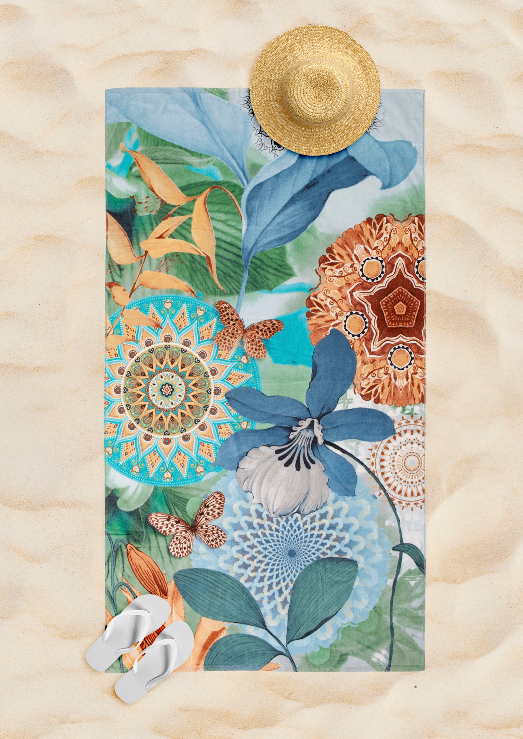hip Strandtuch »Zephir«, (Packung, 1 St., 1 Strandtuch 100 x 180 cm), 100% Baumwolle, Velours, 100x180, Weich, Strand, Mandala, Blumen, Grün