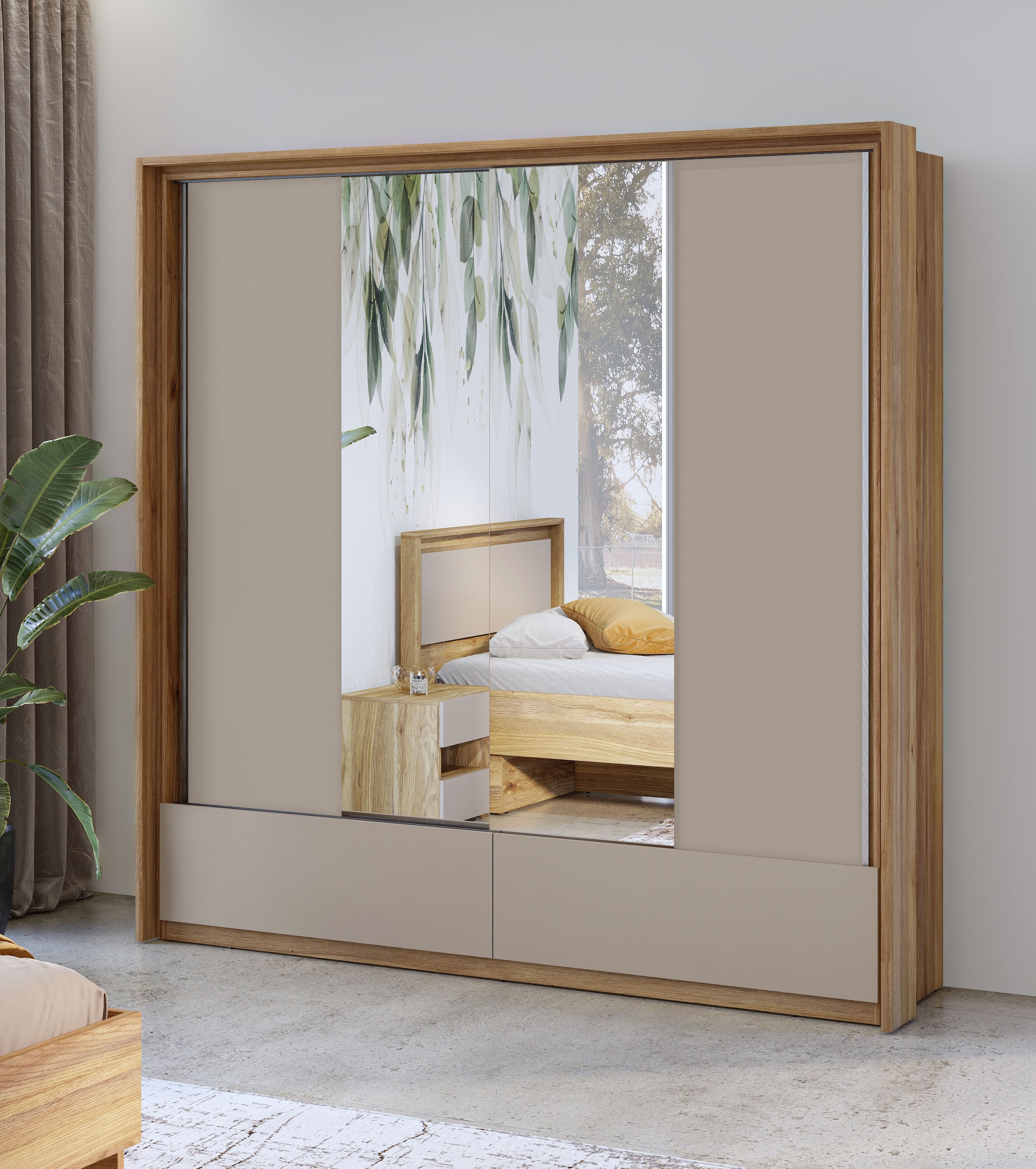 INOSIGN Schwebetürenschrank »Wharton, Breite 159 oder 209 cm, Kleiderschrank incl. Innenausstattung«, Wäscheschrank, 2 Schubkästen, 2 Spiegel, Metallgriffe, Garderobe