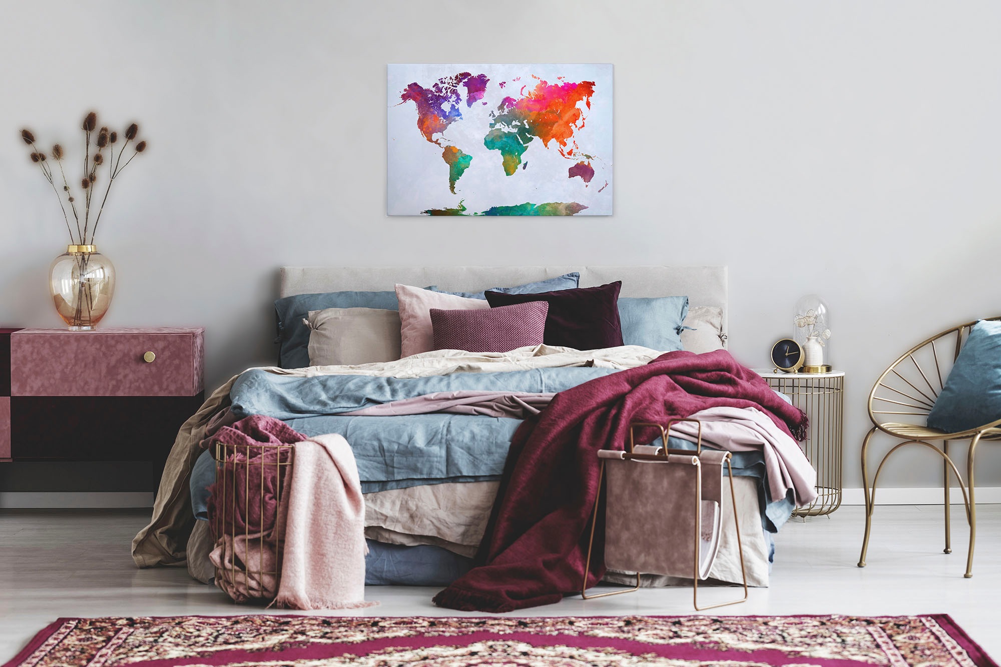 A.S. Création Leinwandbild »Global Map«, Kunst-Weltkarte-Kinder, (1 St.), Atlas Weltkarte Bunt Aquarell Keilrahmen Leinwand-Bild Wohnzimmer Wand
