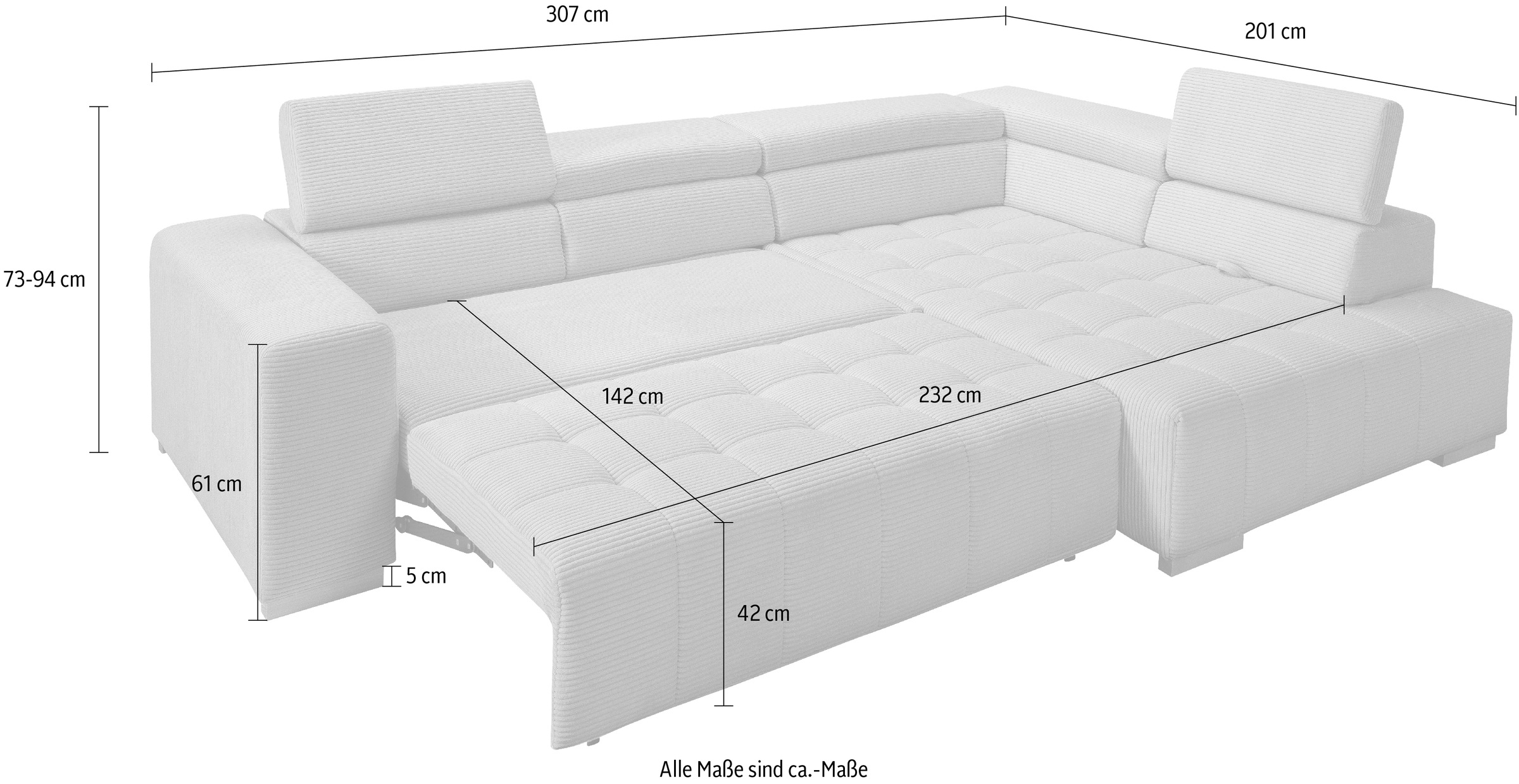 exxpo - sofa fashion Ecksofa »Elianos, hoher Sitzkomfort, aufwendige Kreuzsteppung im Sitz, L-Form«, Kopfteile & Sitztiefe verstellbar, mit Bettfunktion, Cord, beige