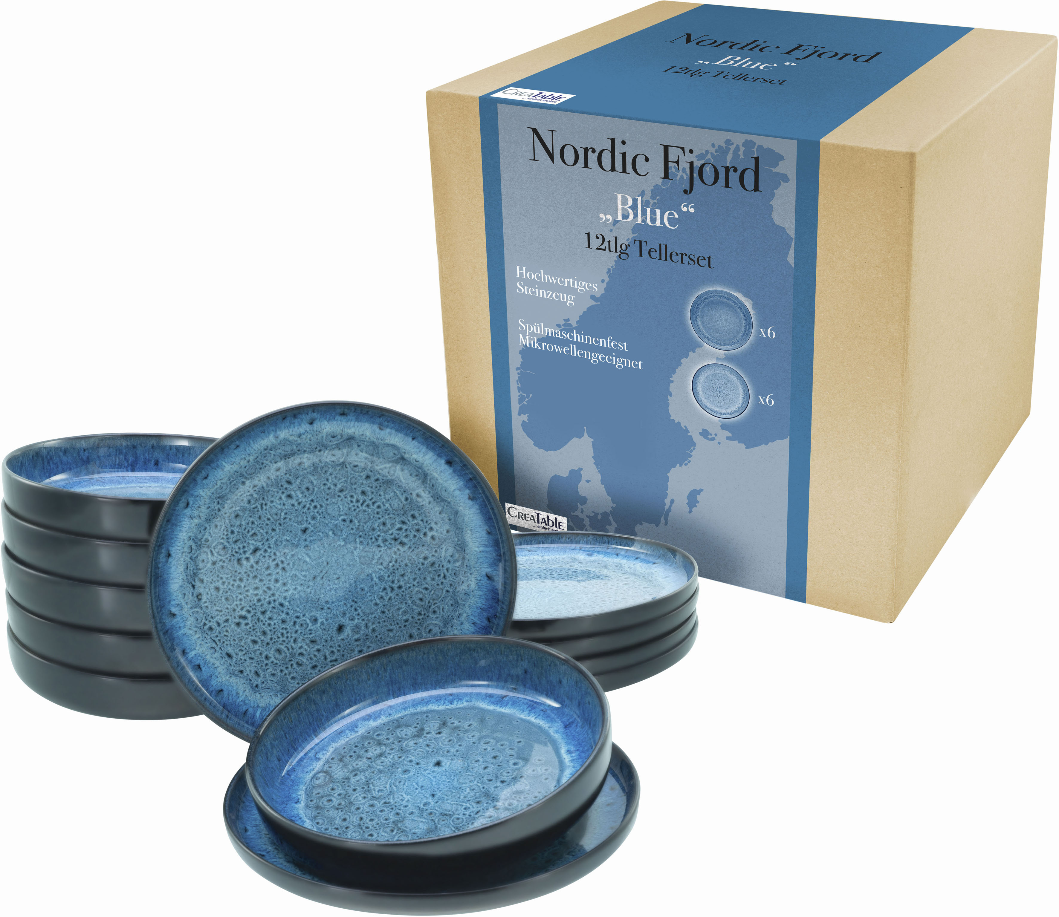 CreaTable Teller-Set "Nordic Fjord" Tafelservice, 6 Speiseteller Ø 26 cm, 6 Suppenteller Ø 22,5 cm