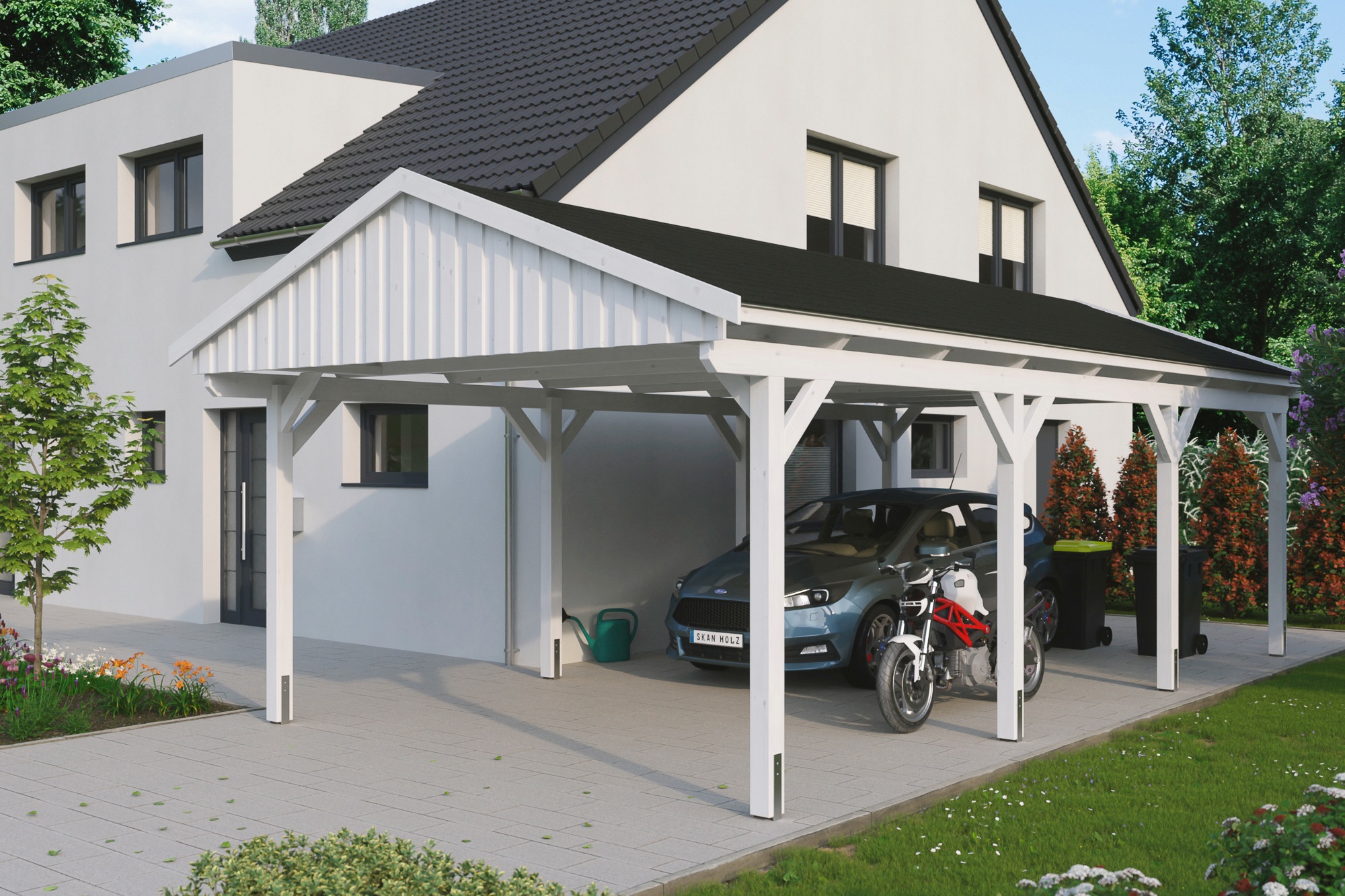 Skanholz Einzelcarport "Fichtelberg", Leimholz-Nordisches Fichtenholz, weiß, mit schwarzen Schindeln