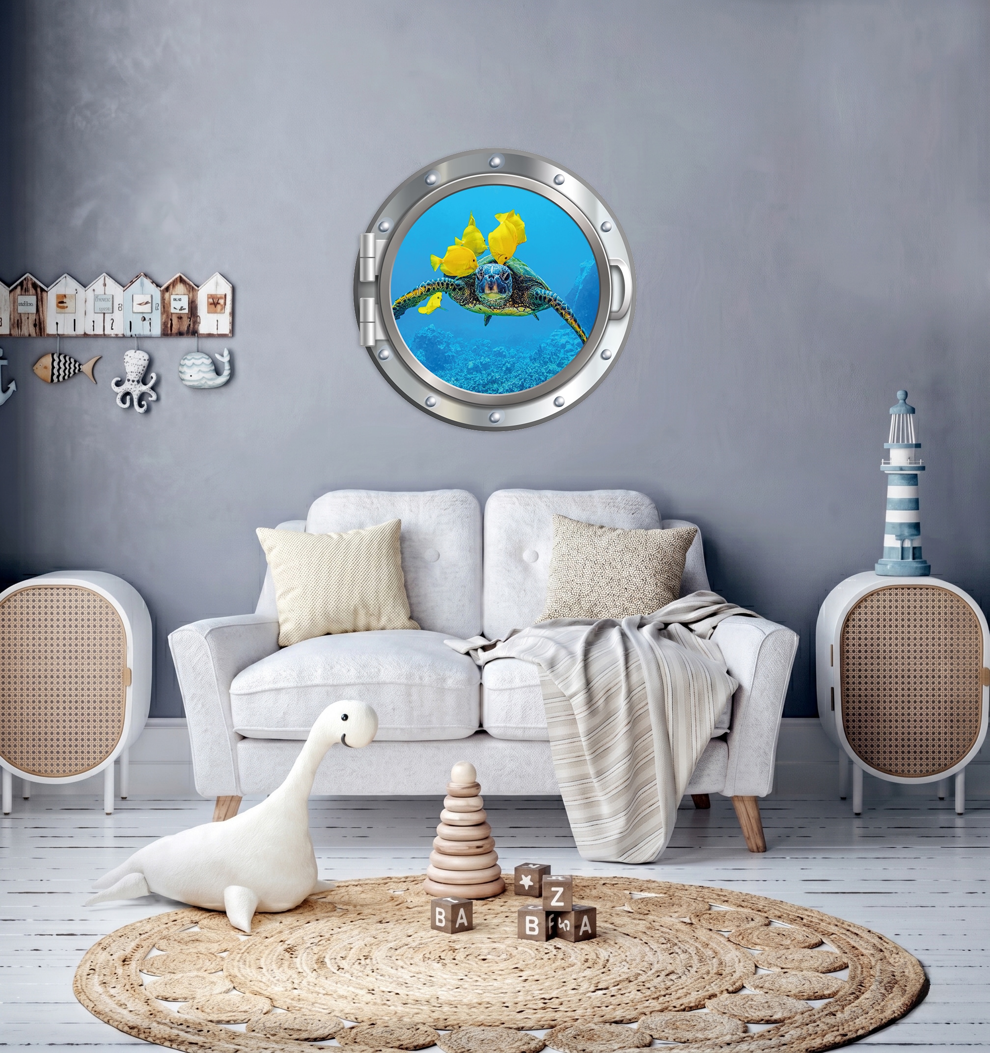 queence Wandsticker "3D Bullauge Illusion Unterwasserwelt Schildkröte 40x40 cm" Selbstklebender Wanddurchbruch Unterwasser