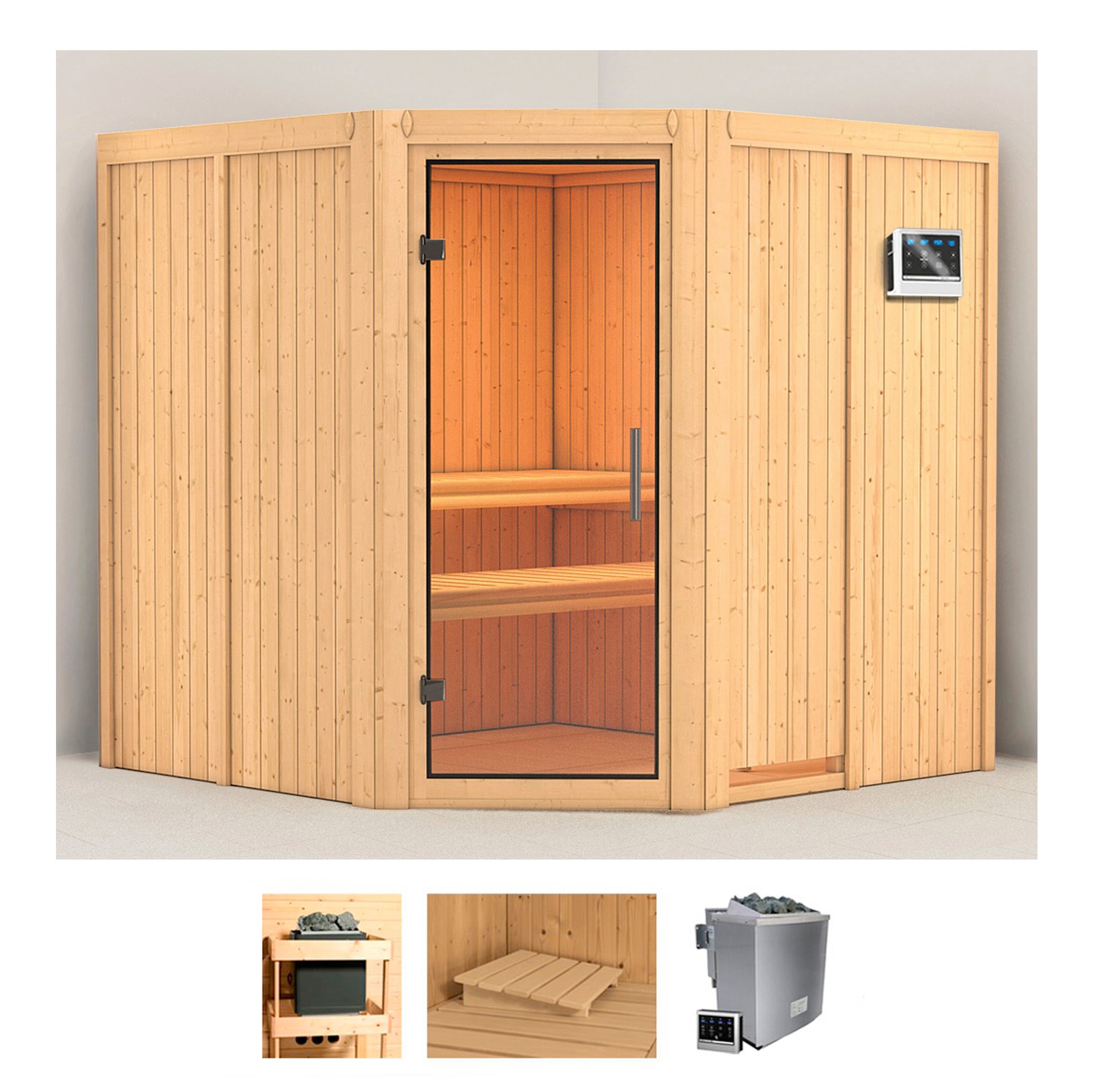 KARIBU Sauna "Jarin", Bio-Kombiofen, externe Steuerung, 9 kW, beige, Saunen, Ofen 9 kW Bio externe Strg easy