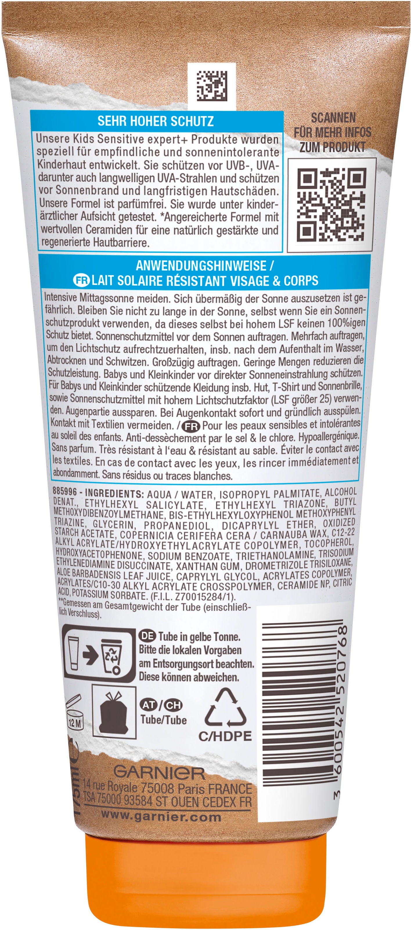 GARNIER Sonnenschutzmilch »Garnier Kids Sensitive Sonnenschutz-Milch«, mit Lichtschutzfaktor