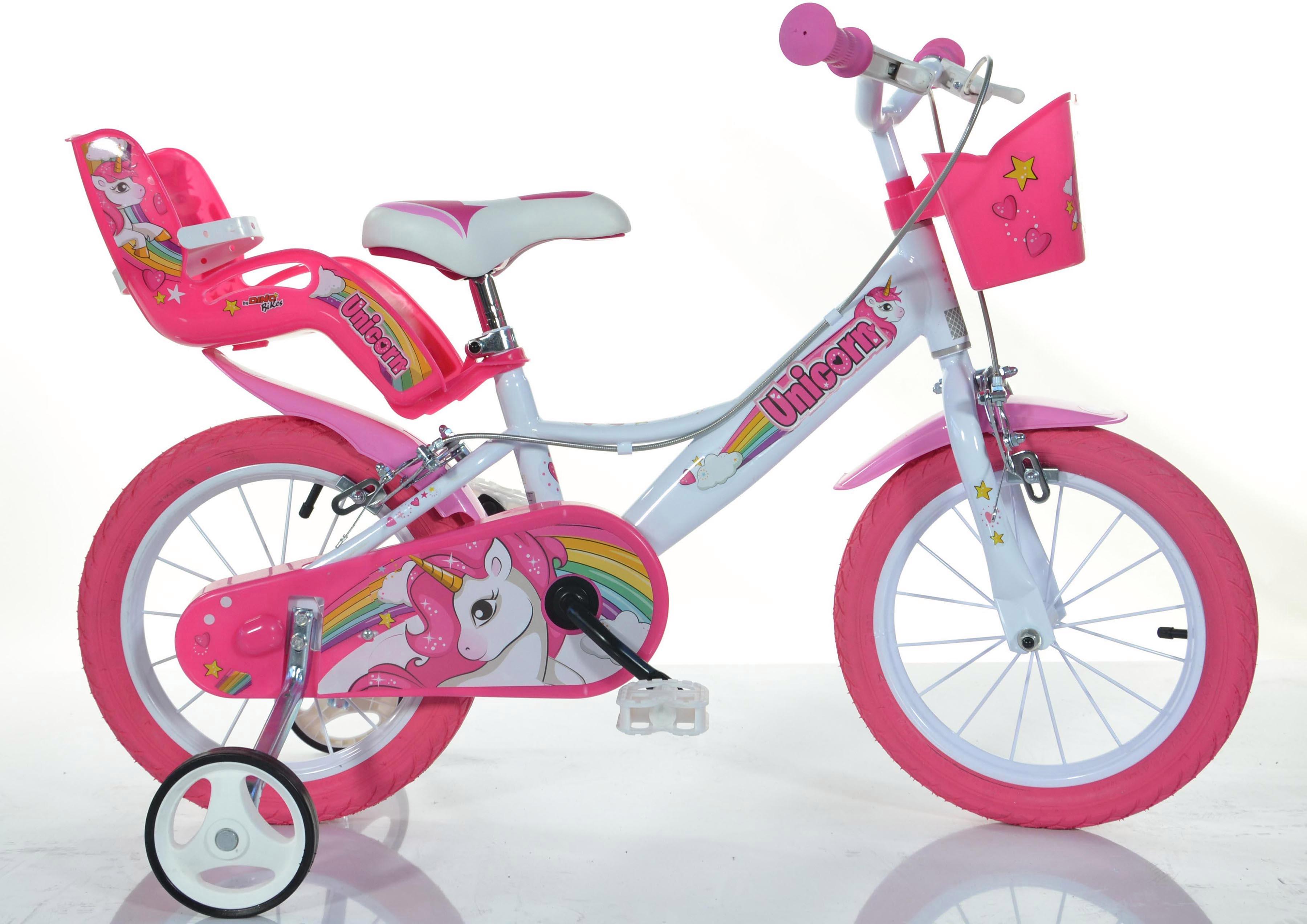 Dino Bikes Kinderfahrrad "16" Unicorn Einhorn Kinderfahrrad Mädchenfahrrad Freilauf 4–7 Jahre" 1 Gang mit Stützrädern, Korb und Puppensitz
