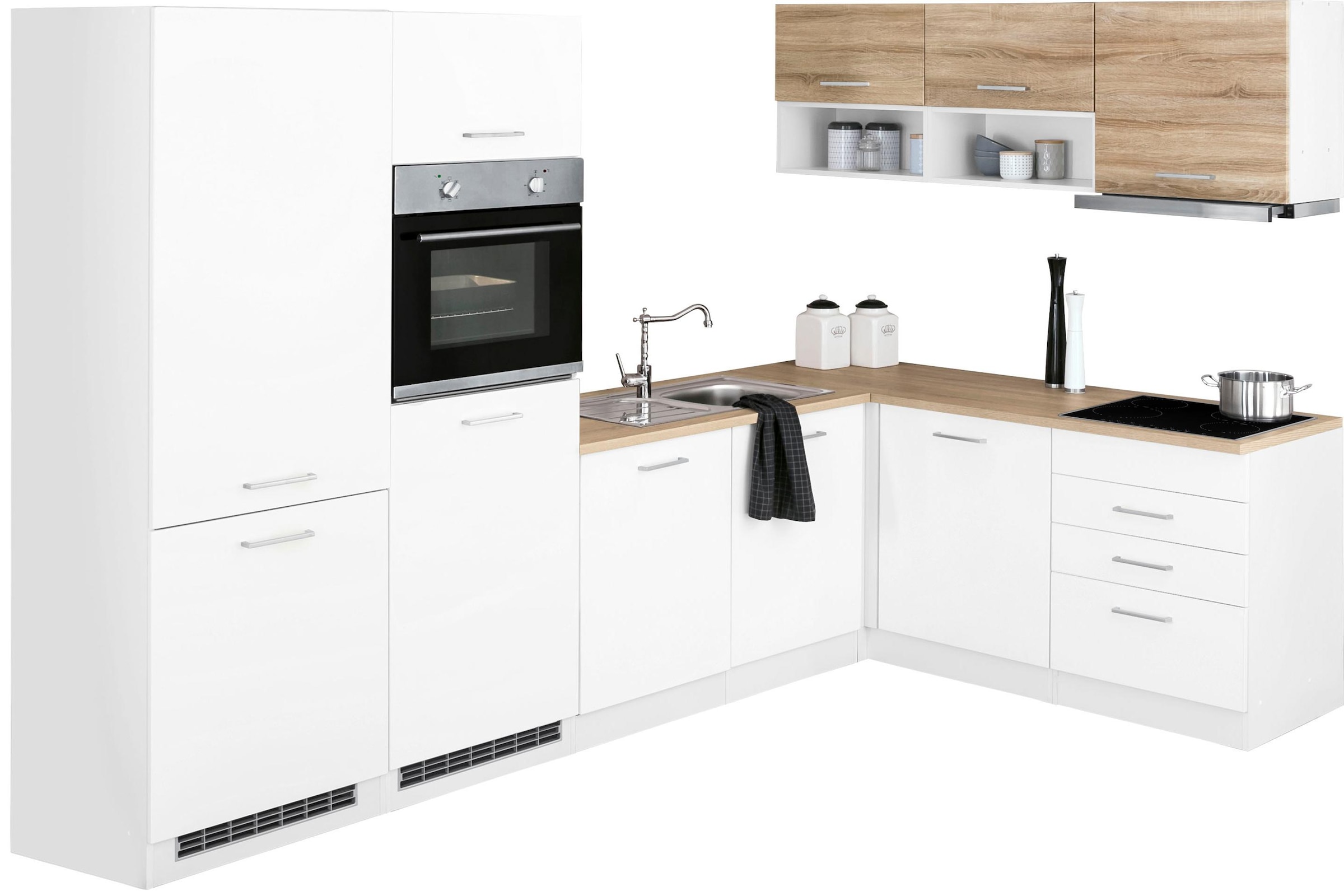 Winkelküche »Visby«, mit E-Geräte, 300x180 cm, inkl. Kühl/Gefrierkombi und Geschirrspüler