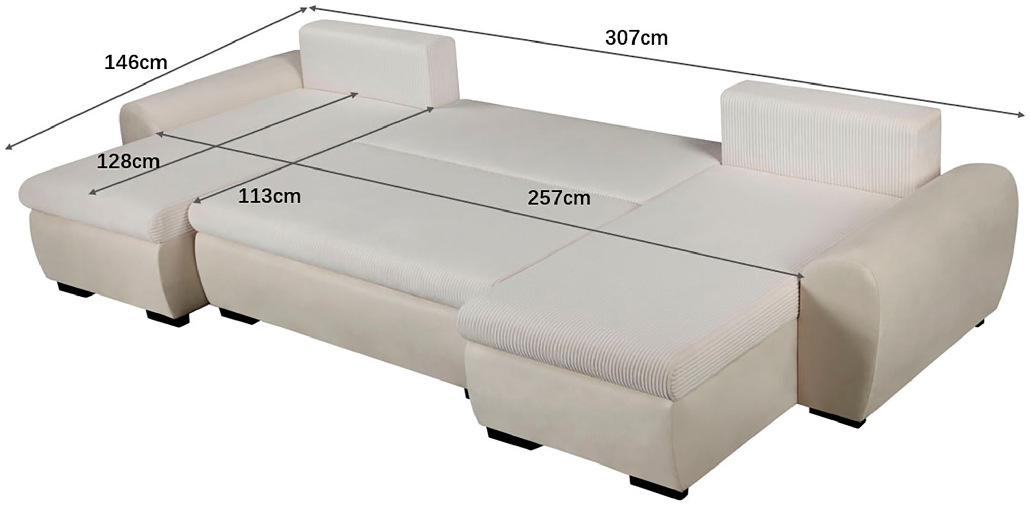OTTO home Wohnlandschaft »KIVELLA Cord-Struktur, U-Form, 307 cm« Schlaffunktion(128/257), Bettkasten, Cord-Struktur-Mix