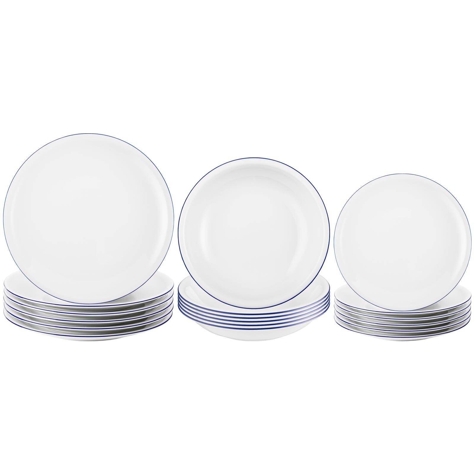 Seltmann Weiden Geschirr-Set "Teller-Set Compact Blaurand 18er Set weiß-blau" Spülmaschinengeeignet, Mikrowellengeeignet, Ofenfest, Salamandergeeignet, Kühlschrankgeeignet, Gefrierschrankgeeignet