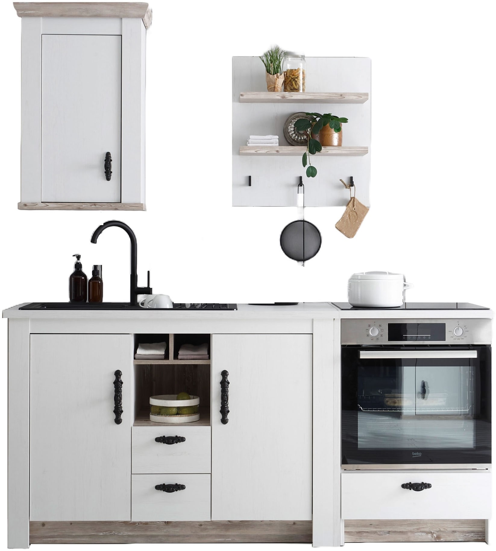 Home affaire "Florenz, Küche in Pinie Weiß, mit Herdumbau, ohne E-Geräte" Set, Breite 191 cm, mit verschnörkelten Metallgriffen, Arbeitshöhe 92 cm