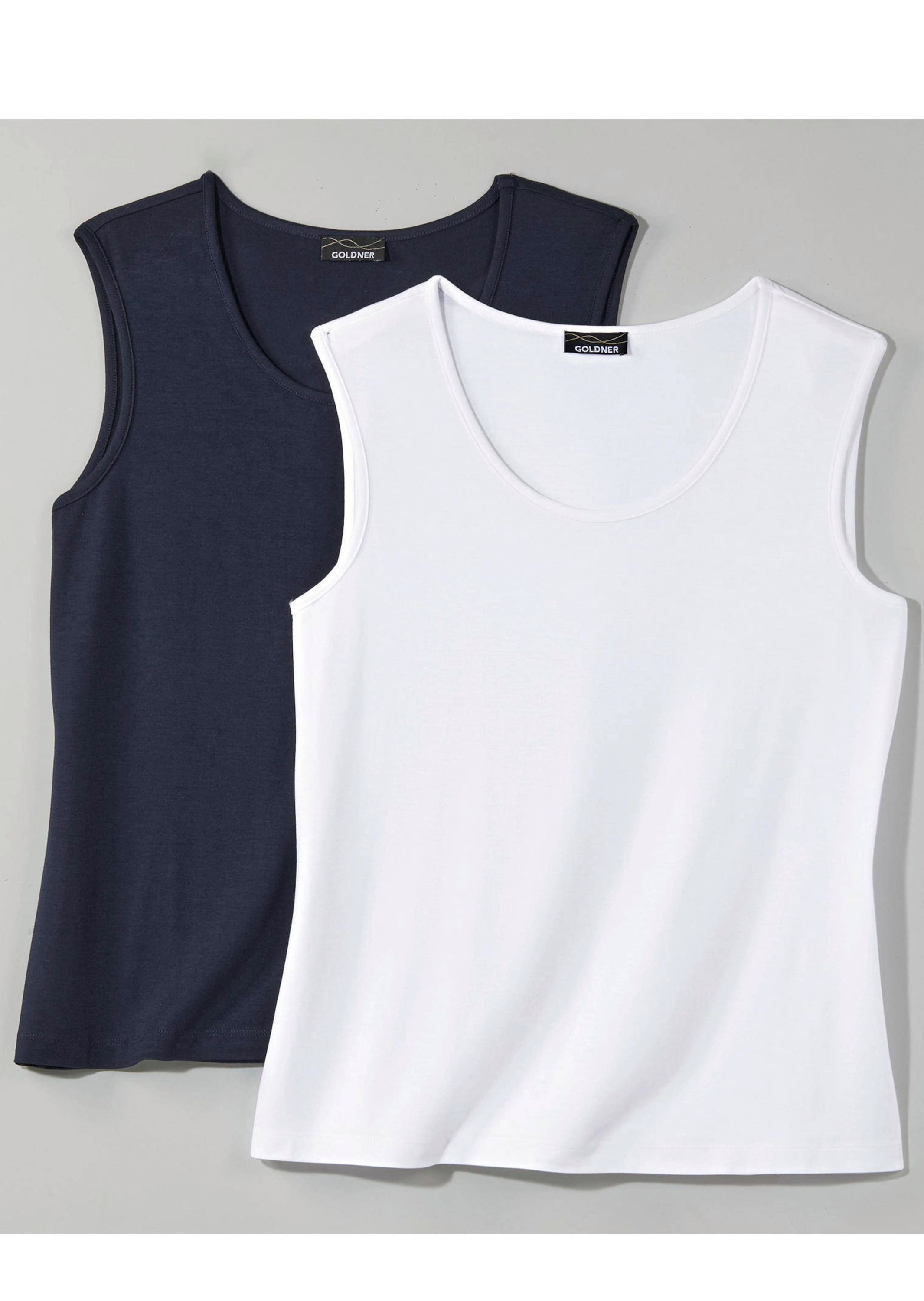 Trägertop GOLDNER "Kurzgröße Doppelpack aus weichem Viskose-Jersey", Damen, Gr. 19, blau (marine, weiß), Obermaterial: 95% Viskose CV. 5% Elasthan EL., Basic, normal, Rollkante, Tops Trägertop, Sonstige 3
