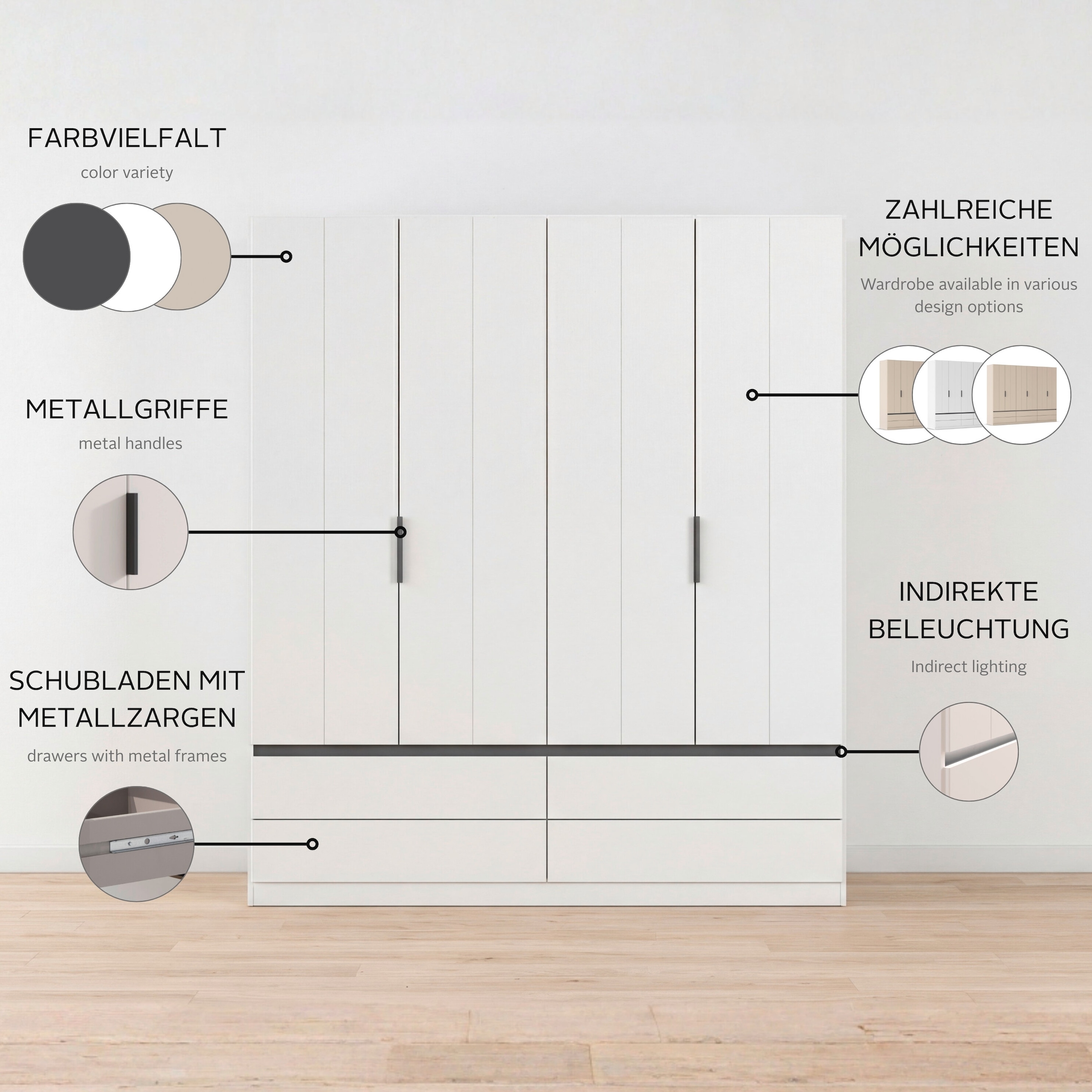 OTTO home Kleiderschrank »Schrank Garderobe ARVEN Breiten 181/226/271cm mit Beleuchtung« 3 verschiedene Ausstattungen BASIC/CLASSIC/PREMIUM (inkl. SOFT-CLOSE),  puristisches Design in Plankenoptik mit Metallgriffen MADE IN GERMANY