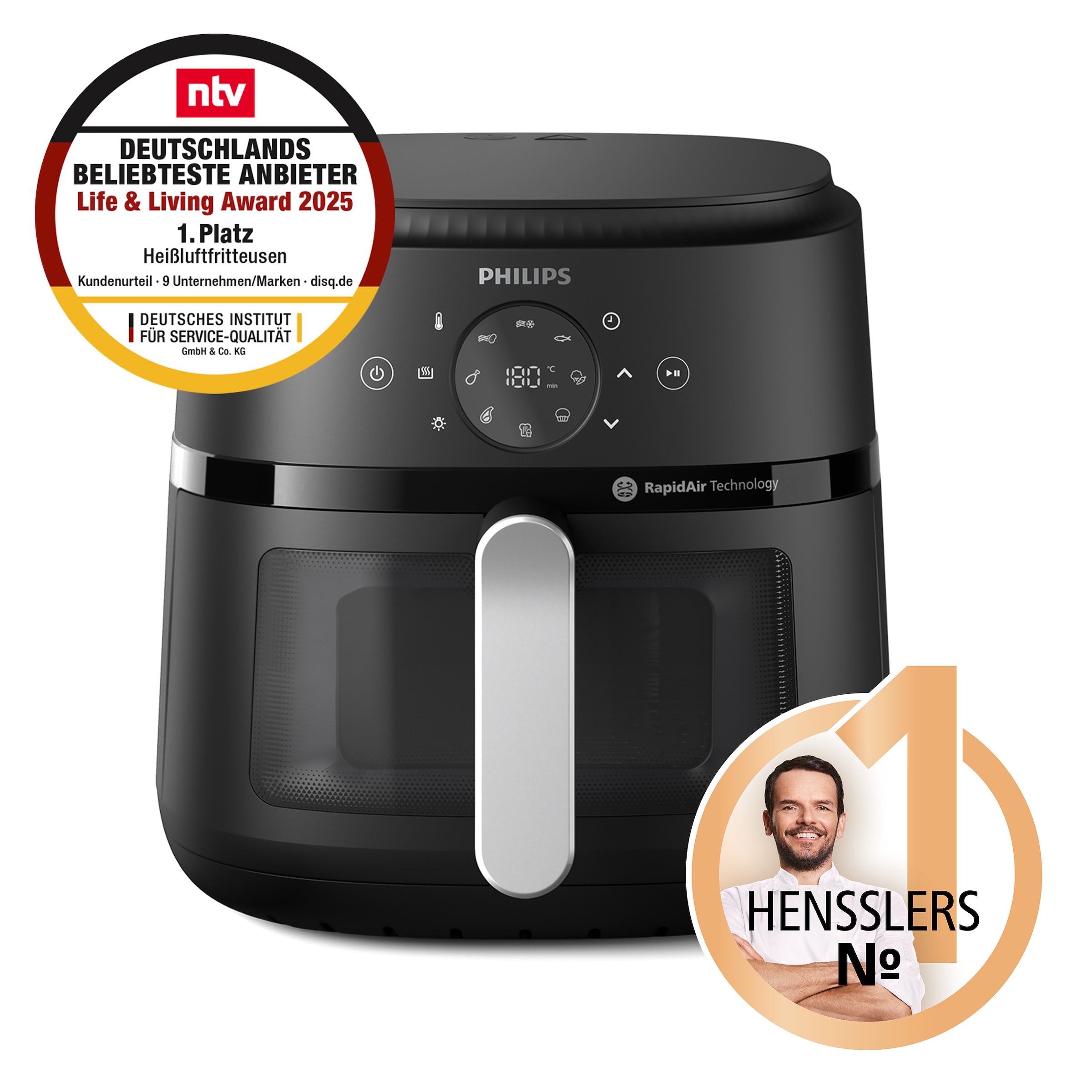 Philips Heißluftfritteuse »Airfryer 2000 NA231/00, mit 6.2L, Sichtfenster«, 1700 W, RapidAir Technologie und 13 Kochfunktionen; Schwarz/Silber