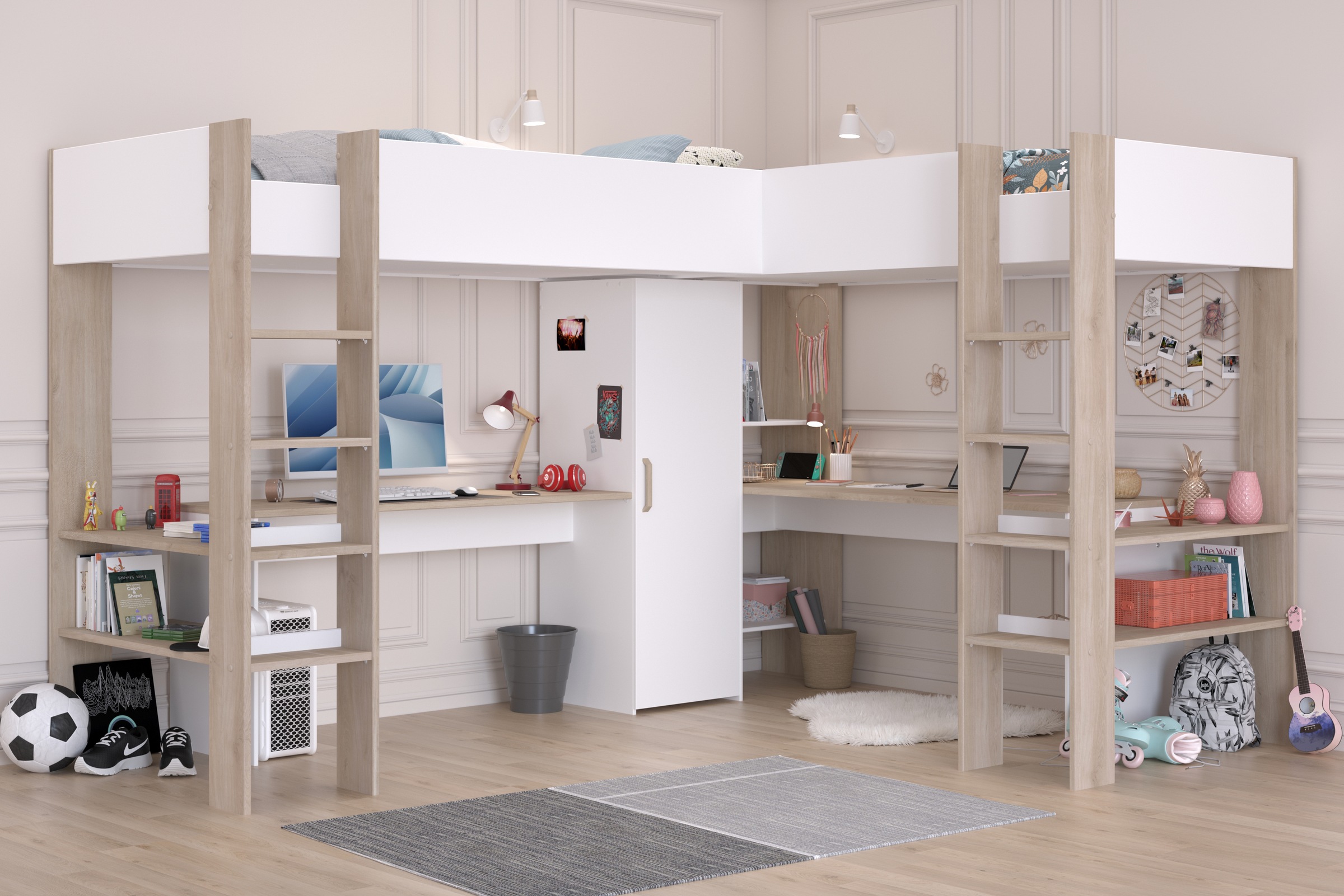 Parisot Hochbett "Alex, für 2 Kinder Maximaler Stauraum, 2 Schreibtische", günstig online kaufen