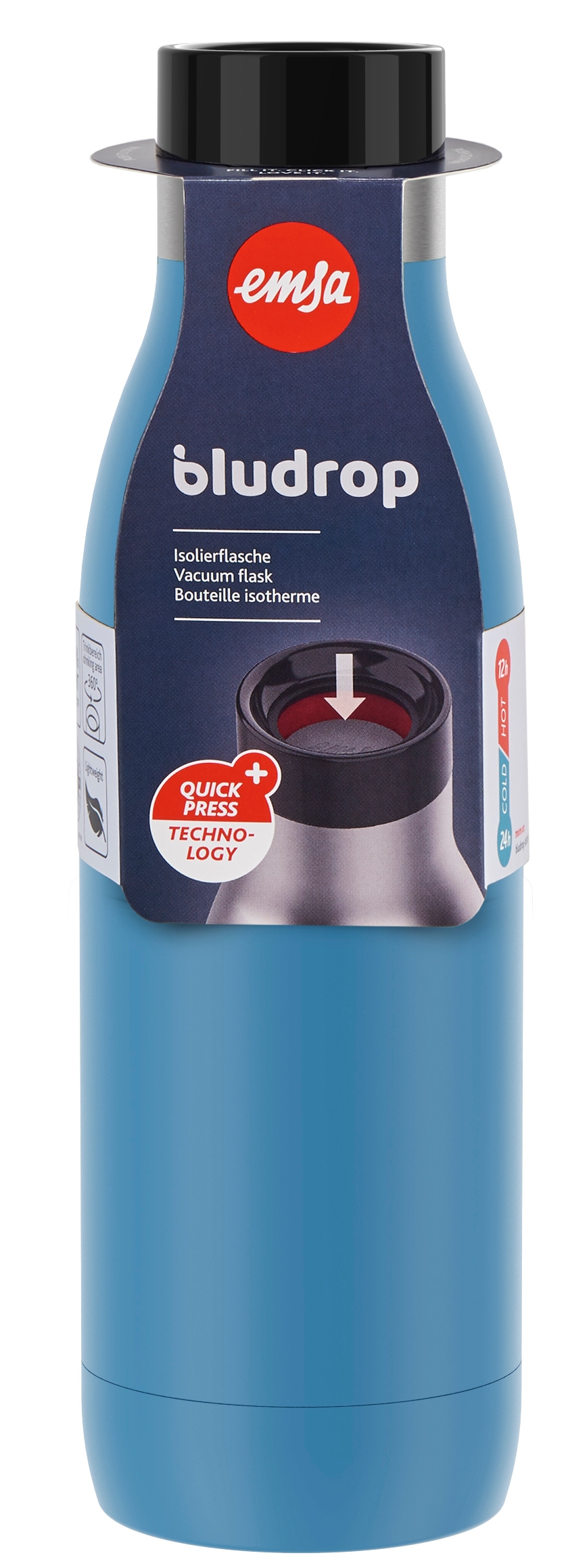 Emsa Isolierflasche »Trinkflasche Bludrop«, (1 tlg.), Edelstahl, Quick-Press Deckel, 360° Trinkgenuss, 12h warm/24h kühl