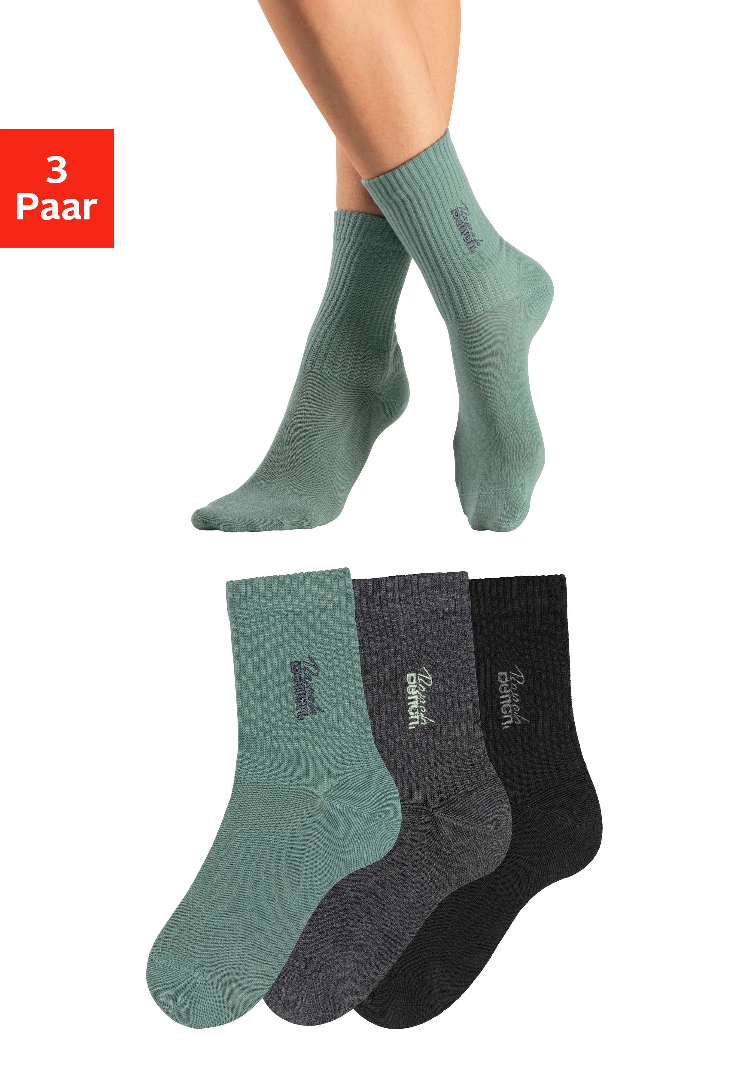 Bench. Basicsocken "Damensocken hochgeripptes Bündchen" Packung, 3 Stk. tlg. mit Bench Logo Stickerei