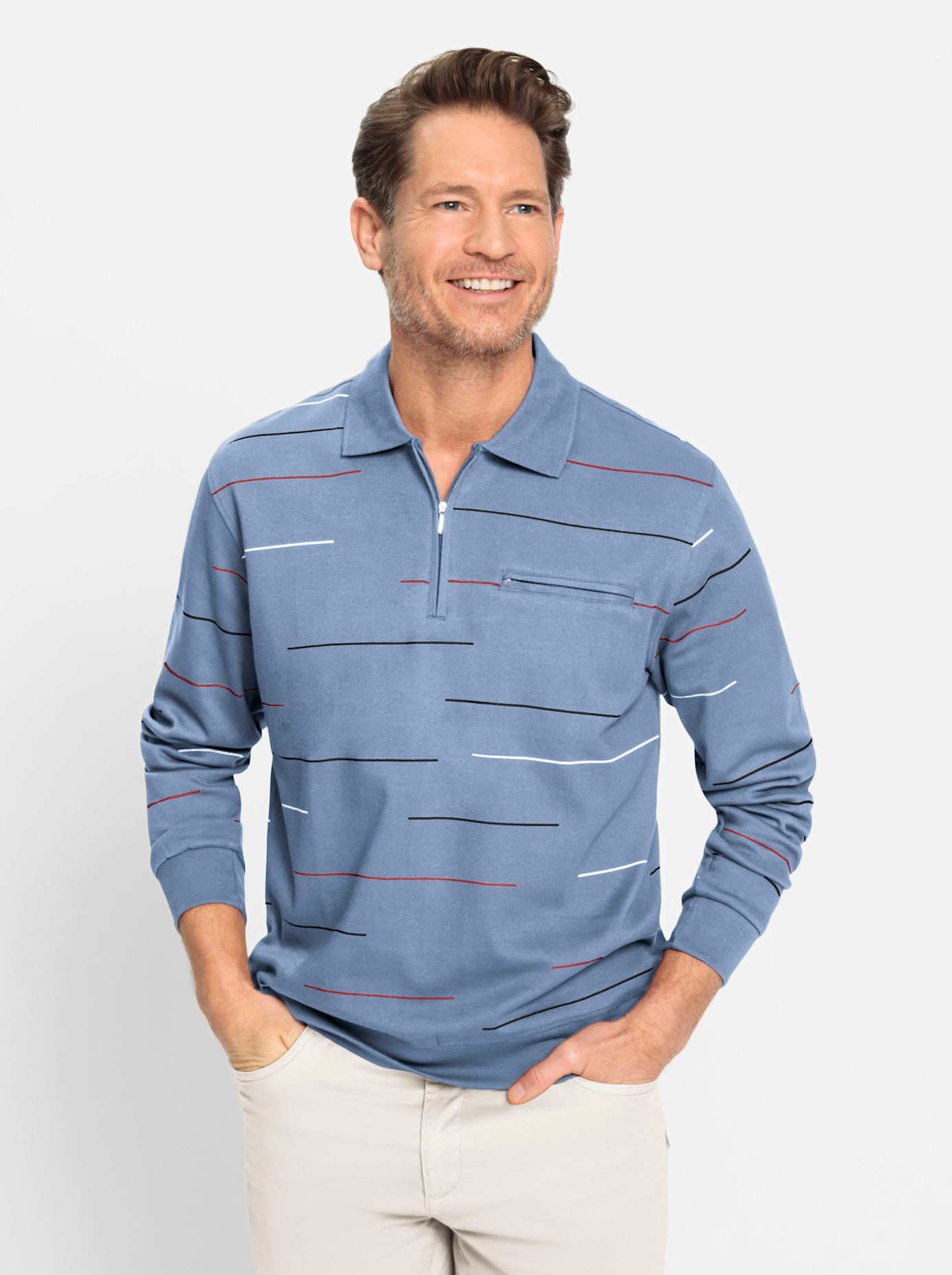 Langarm-Poloshirt MARCO DONATI "Sweatshirt", Herren, Gr. 60/62, blau (bleu), 100% Baumwolle, gemustert, gestreift, mehrfarbig, meliert, Shirts