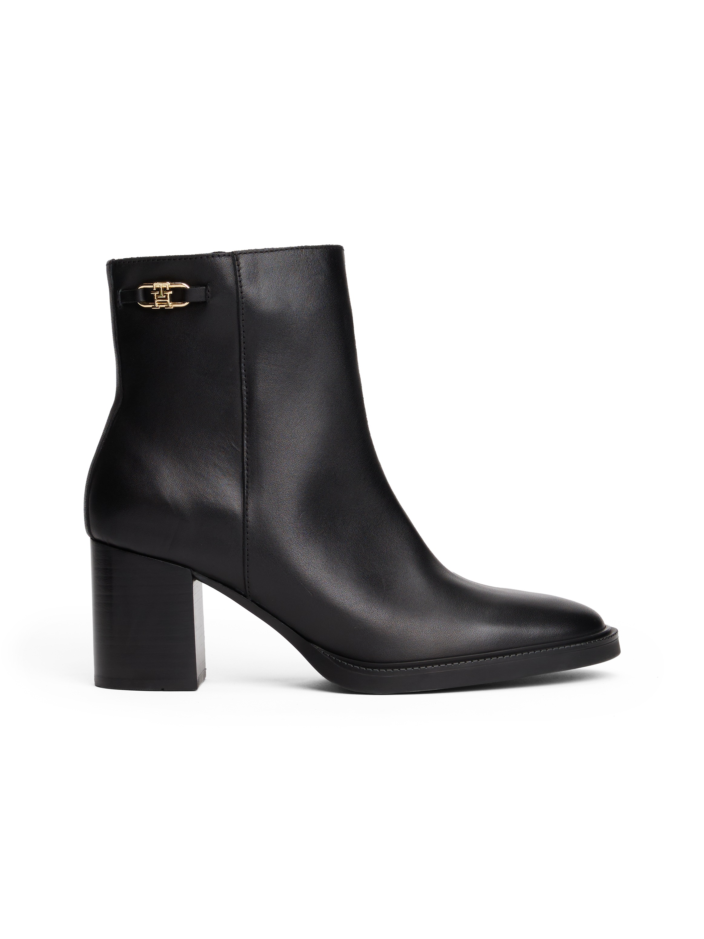Tommy Hilfiger Stiefelette »STACKED HEEL LEATHER ANKLE BOOT«, Blockabsatz, Ankleboots, Businessschuh, goldfarbenes Schmuckelement