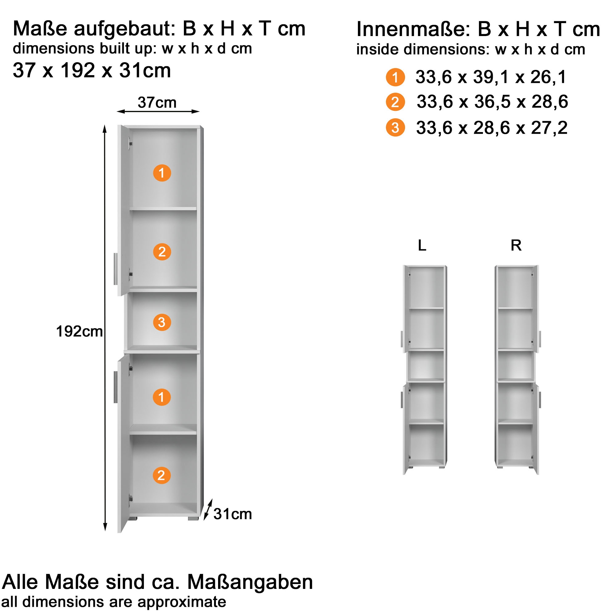 welltime Hochschrank »Prag«, (1 St.), Badmöbel mit wechselbarem Türanschlag - (B/T/H) 37/31/192 cm