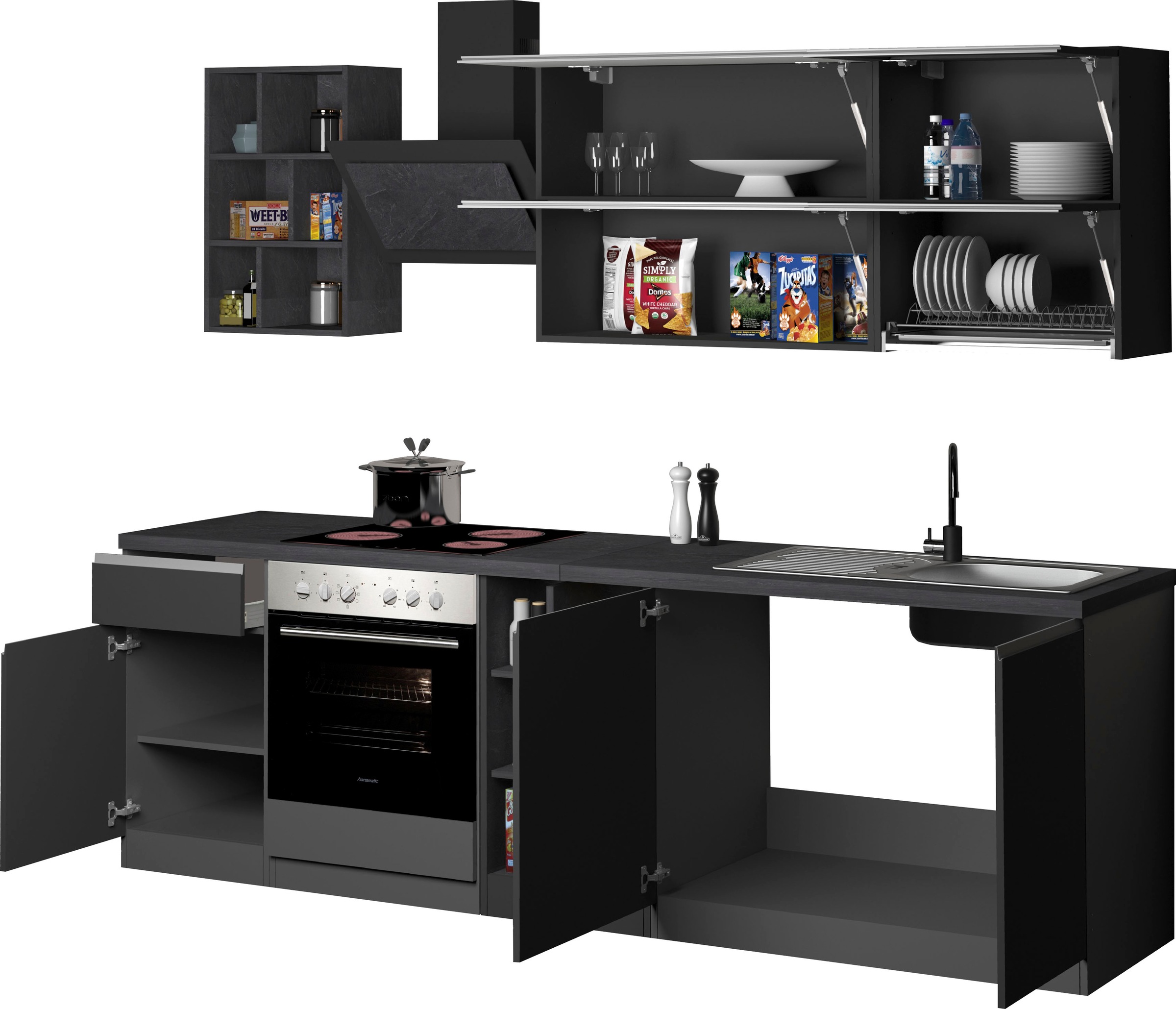 KOCHSTATION Küchenzeile »KS-Sole«, Breite 256 cm, Hängeregal, Geschirrabtropfschrank, ohne E-Geräte