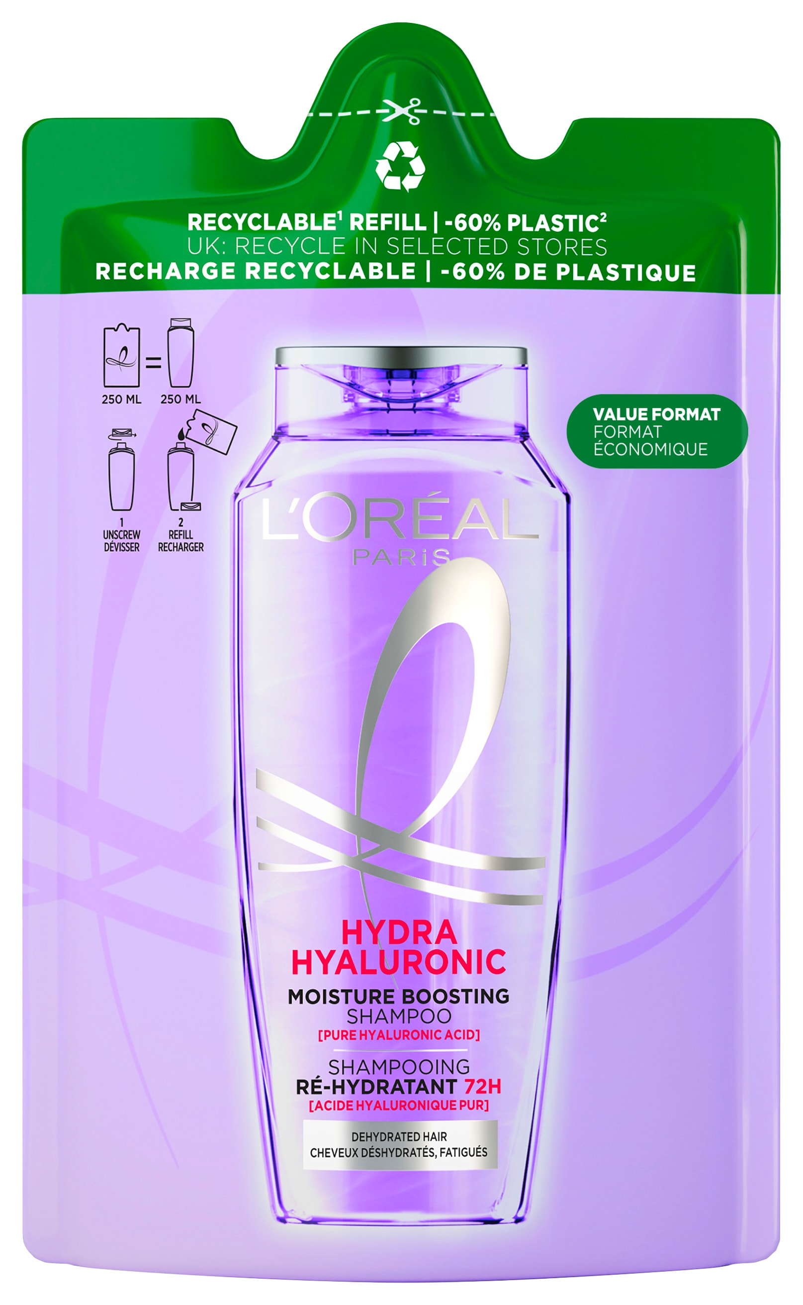 L'ORÉAL PARIS Haarshampoo »ELVITAL HYDRA HYALURONIC SHAMPOO NACHFÜLLPACK« Hyaluronsäure für trockenes Haar, Feuchtigkeitsspendend