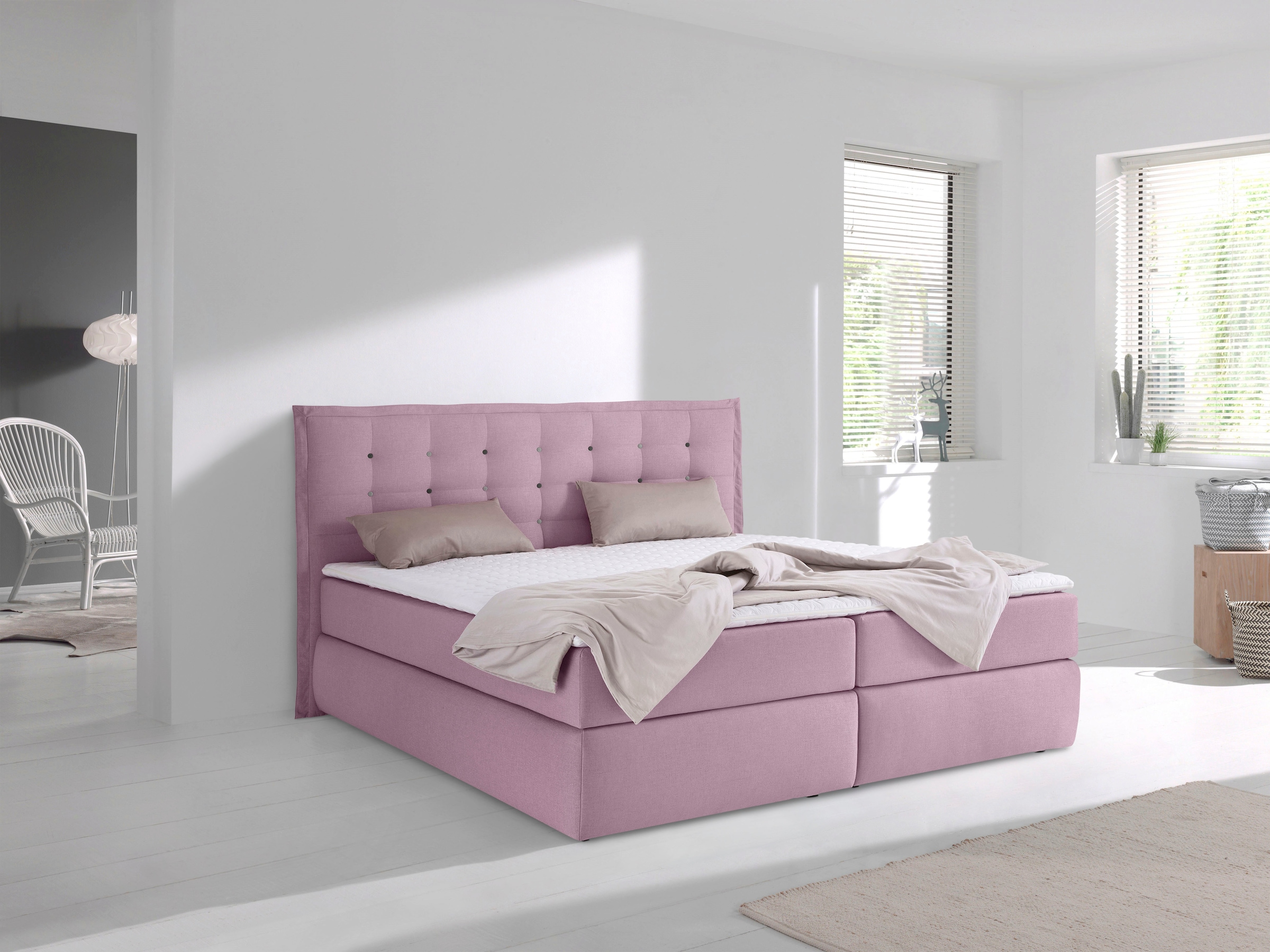 Home affaire Boxspringbett "Sagres" Kopfteil mit 2farbiger Flatterbiese und günstig online kaufen