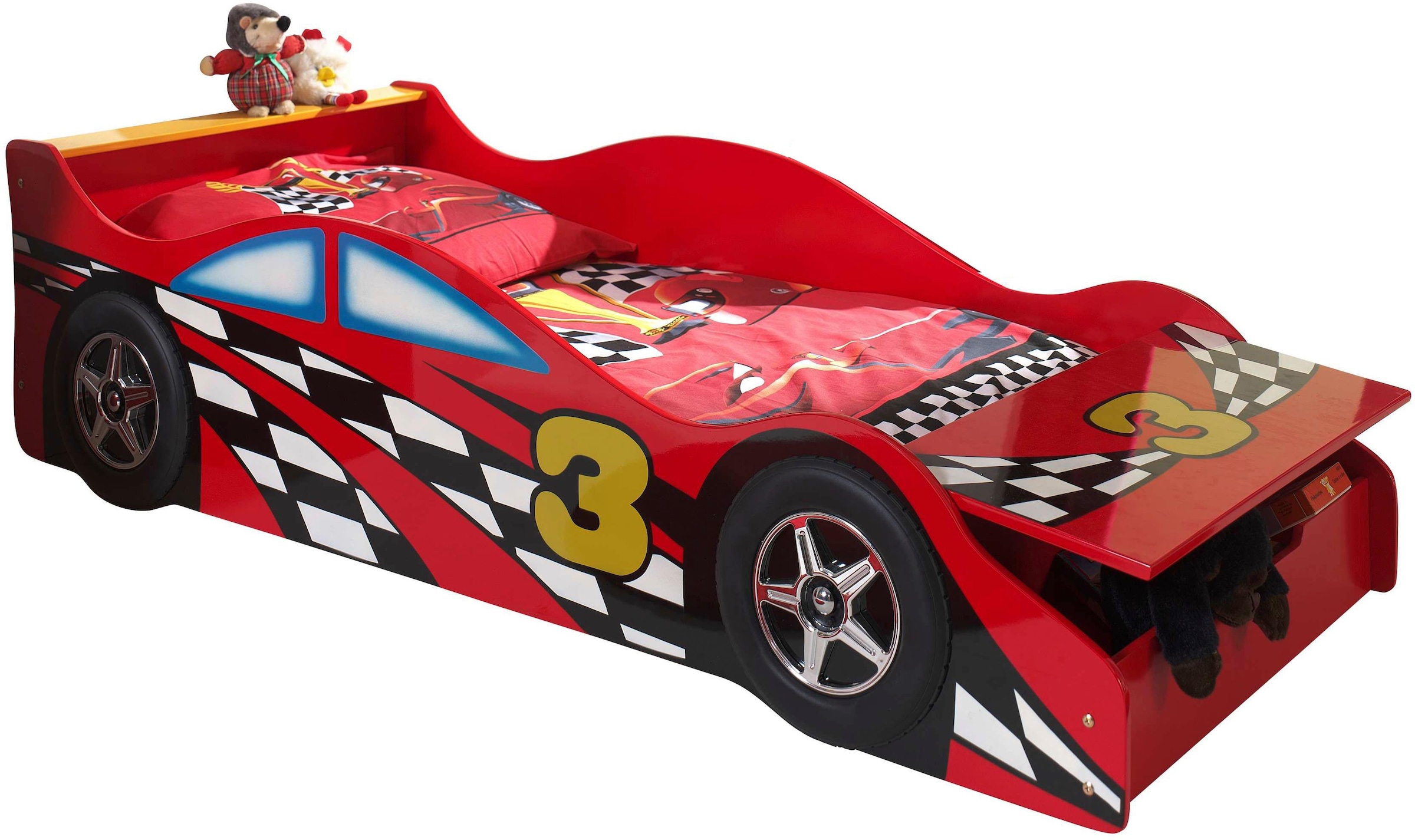 Vipack Autobett »Racer, inkl. Stauraum vorne, mit Lattenrost, MDF lackiert«, (B/H/T ca. 175x48x78cm, seitliche Räder sind geststehend), ein Highlight im Kinderzimmer