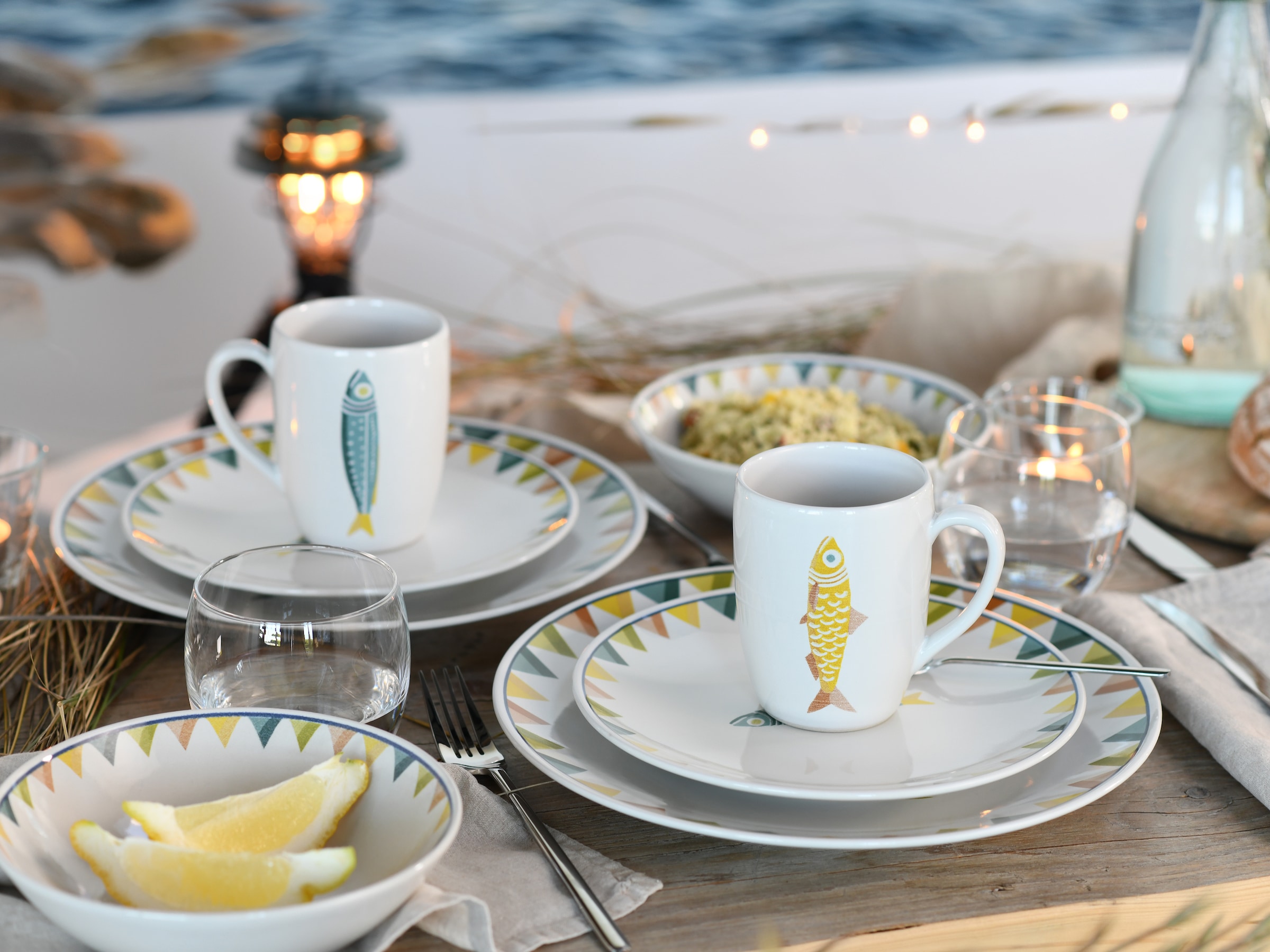 CreaTable Kombiservice »Sardinhas, Geschirr-Set,  8-tlg.« Hochwertiges Steinzeug, Zentrales Sardinen-Motiv