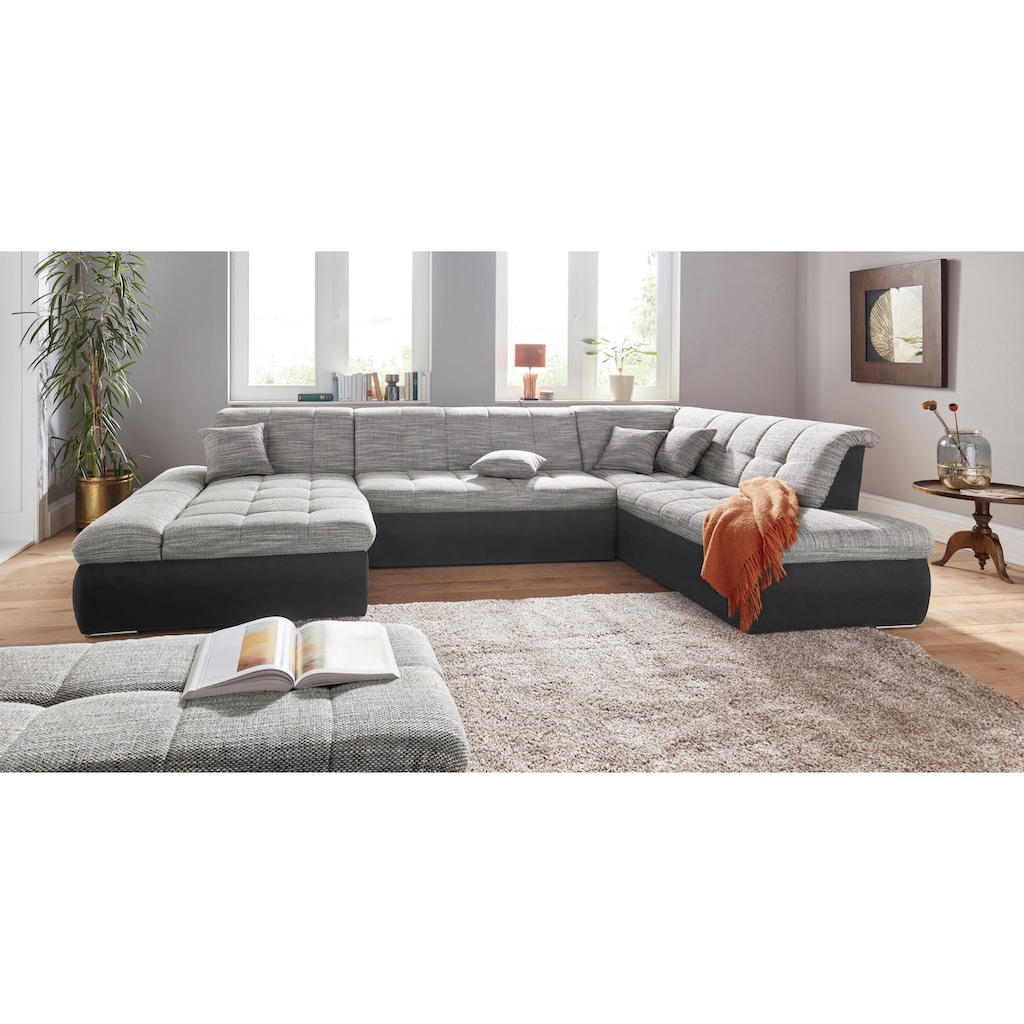 DOMO collection Wohnlandschaft »PB Moric wahlweise mit Bettfunktion und Armteilverstellung, Schlafsofa«, XXL-Format B/T/H: 353/216/80 cm, feine Steppung, incl. Zierkissen