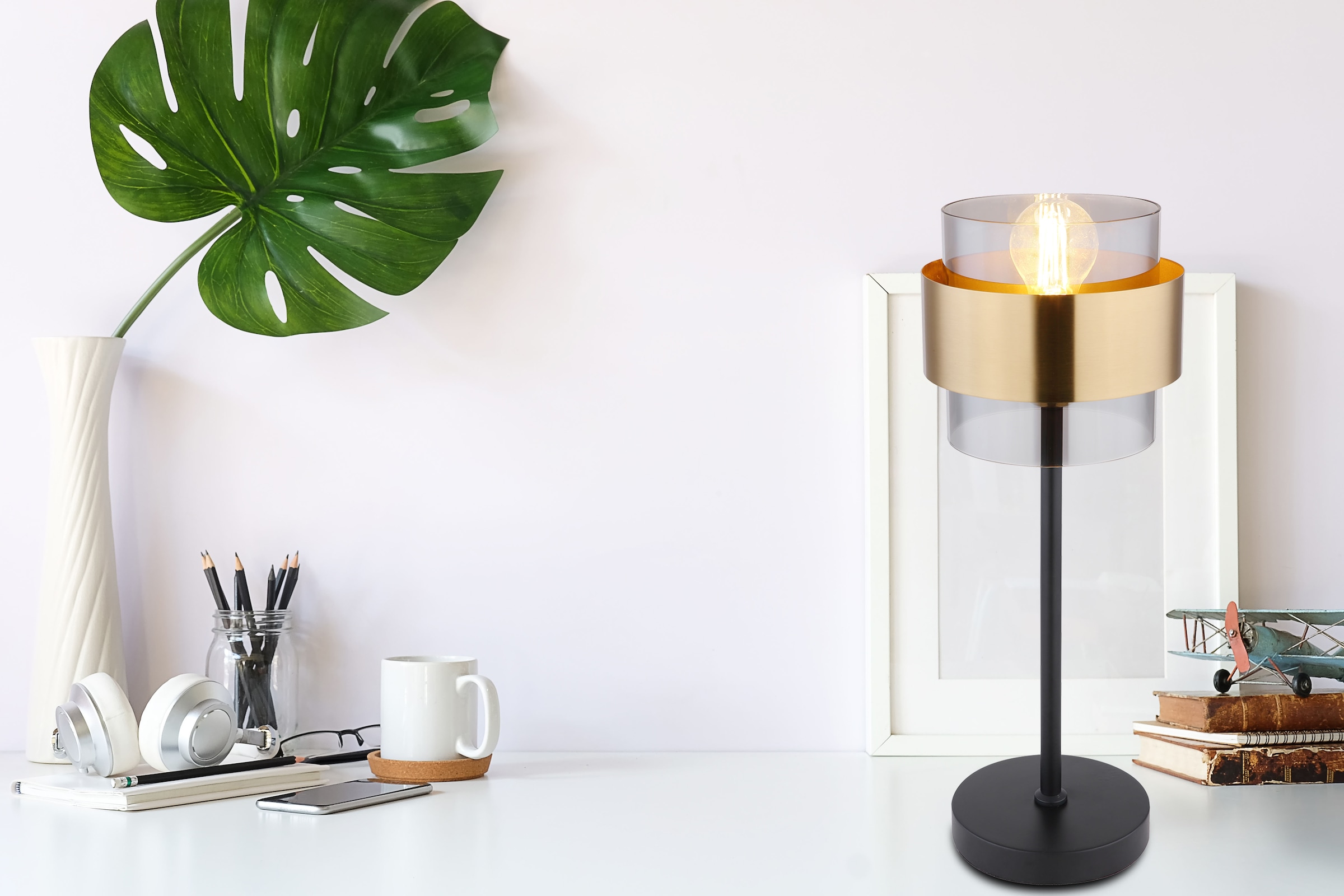 GLOBO LIGHTING Tischleuchte »MILLEY«, Leuchtmittel E27 | ohne Leuchtmittel, Tischlampe/Metall/Glas/Messingring/Schlafzimmer/Wohnzimmer