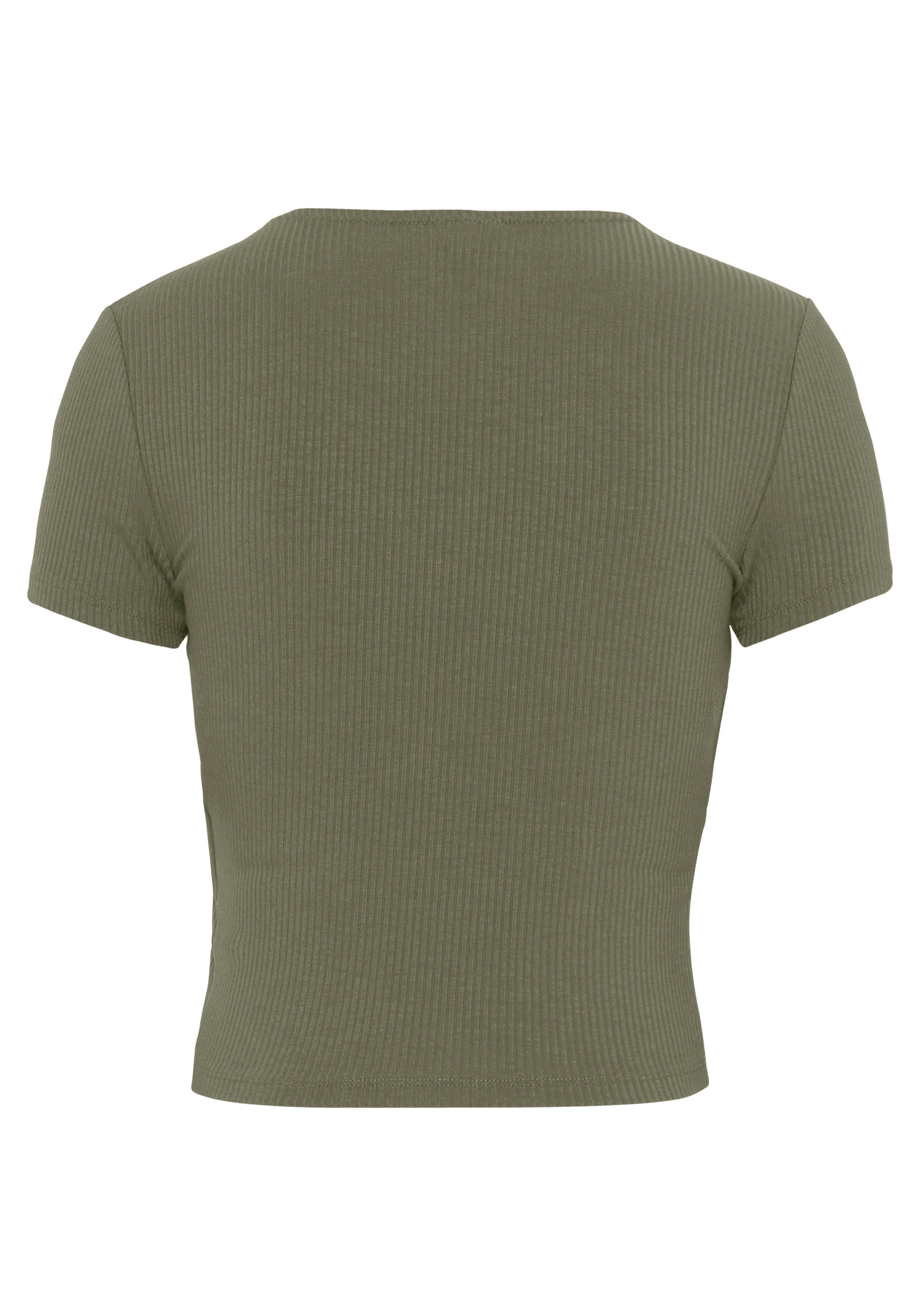 Kurzarmshirt BUFFALO, Damen, Gr. 36/38, grün (khaki), Jersey, Obermaterial: 95% Viskose, 5% Elasthan, unifarben, figurbetont bauchfrei, V-Ausschnitt, Shirts, mit Wickeloptik und V-Ausschnitt, T-Shirt, figurbetont, Basic 3