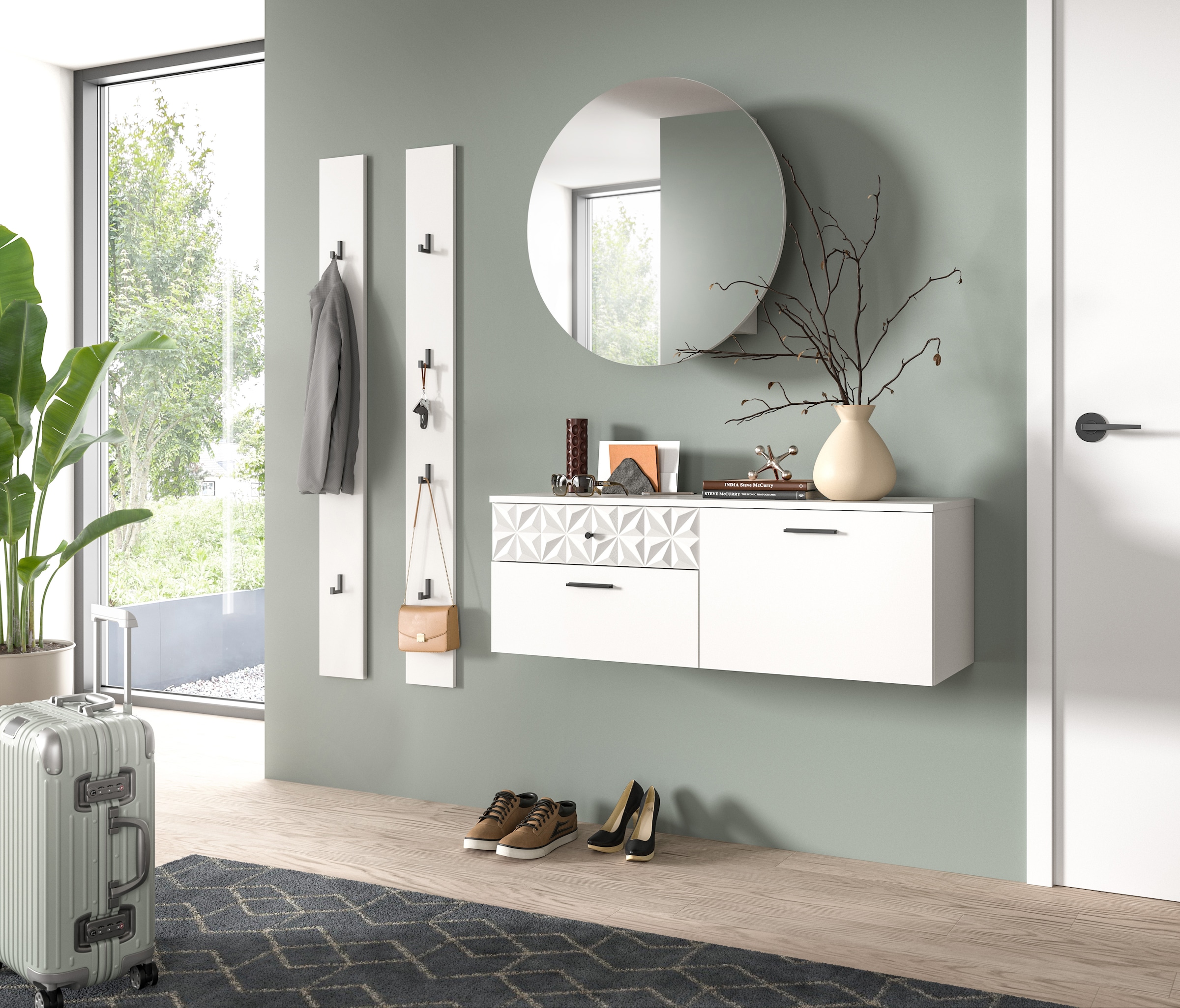 INOSIGN Garderoben-Set »VICENZA, 3-tlg., mit foraler Ornamentabsetzung in der Front«, (3 St.), best. aus.: Schuhschrank, Spiegelschrank und Hakenpaneel
