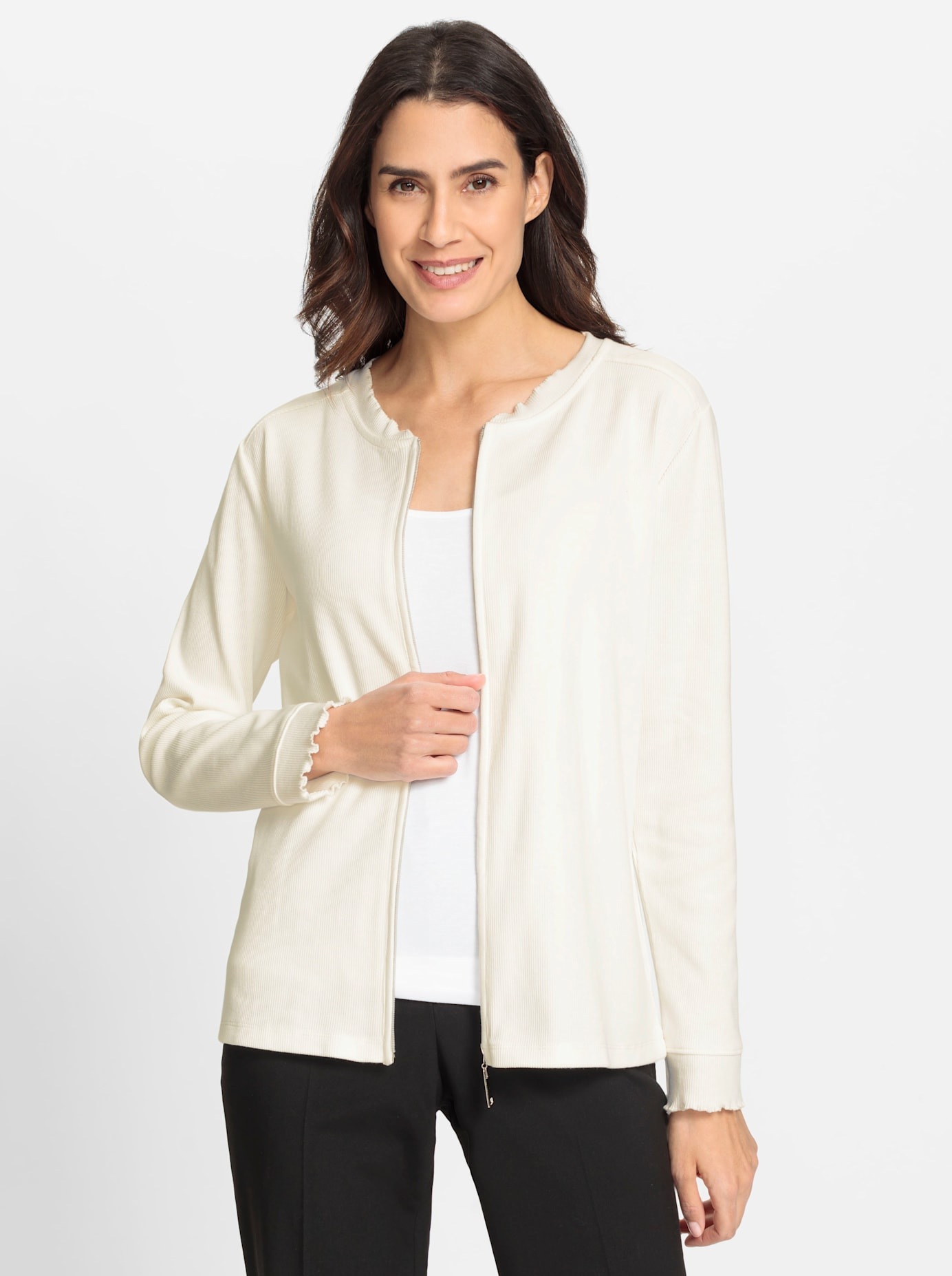 Shirtjacke INSPIRATIONEN "Shirtjacke", Damen, Gr. 42, beige (ecru), 95% Baumwolle, 5% Elasthan, unifarben, Rundhals, Shirts Shirtjacke