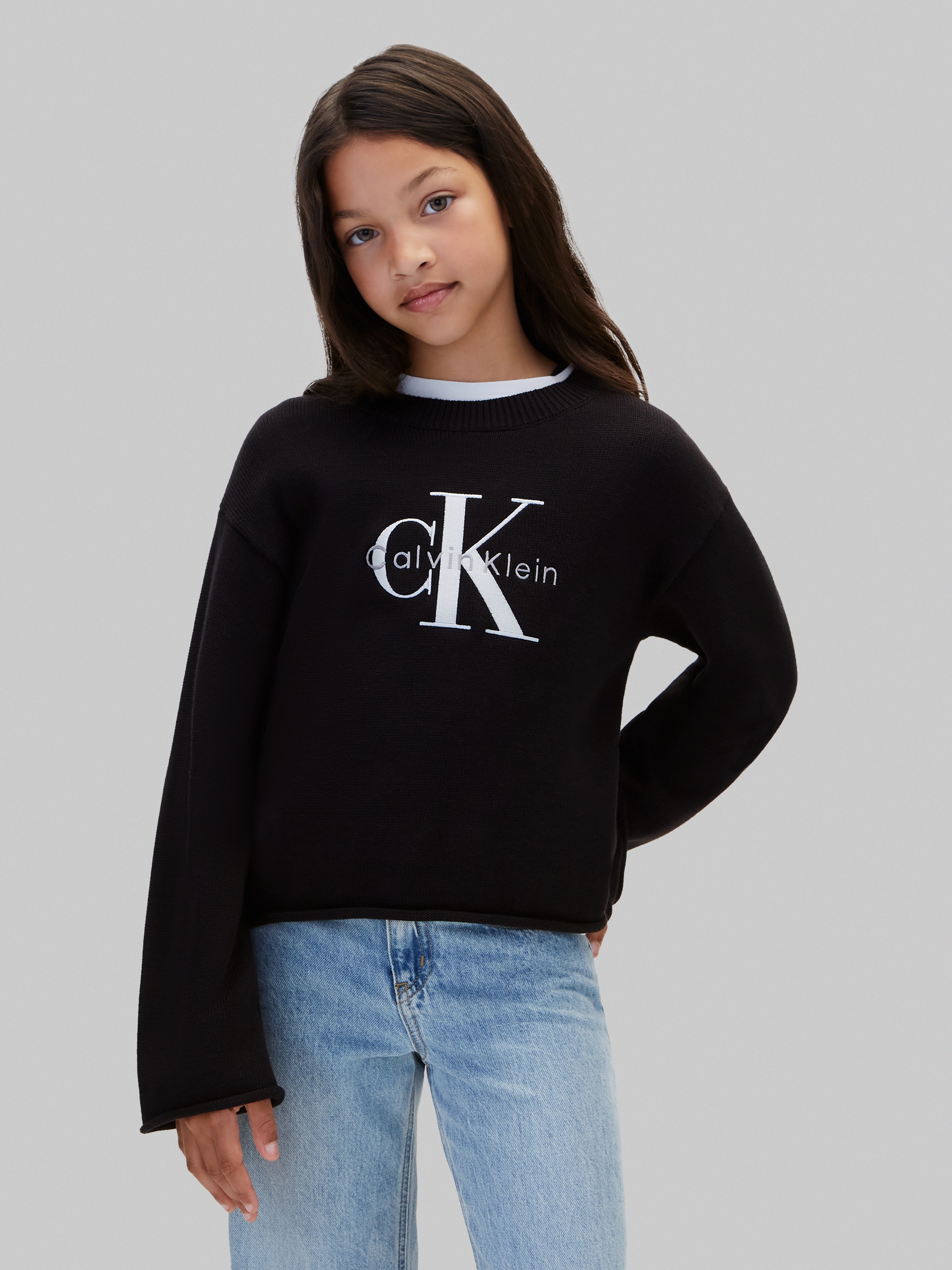Calvin Klein Jeans Strickpullover Rundhalsausschnitt, Regular Fit, große Stickerei