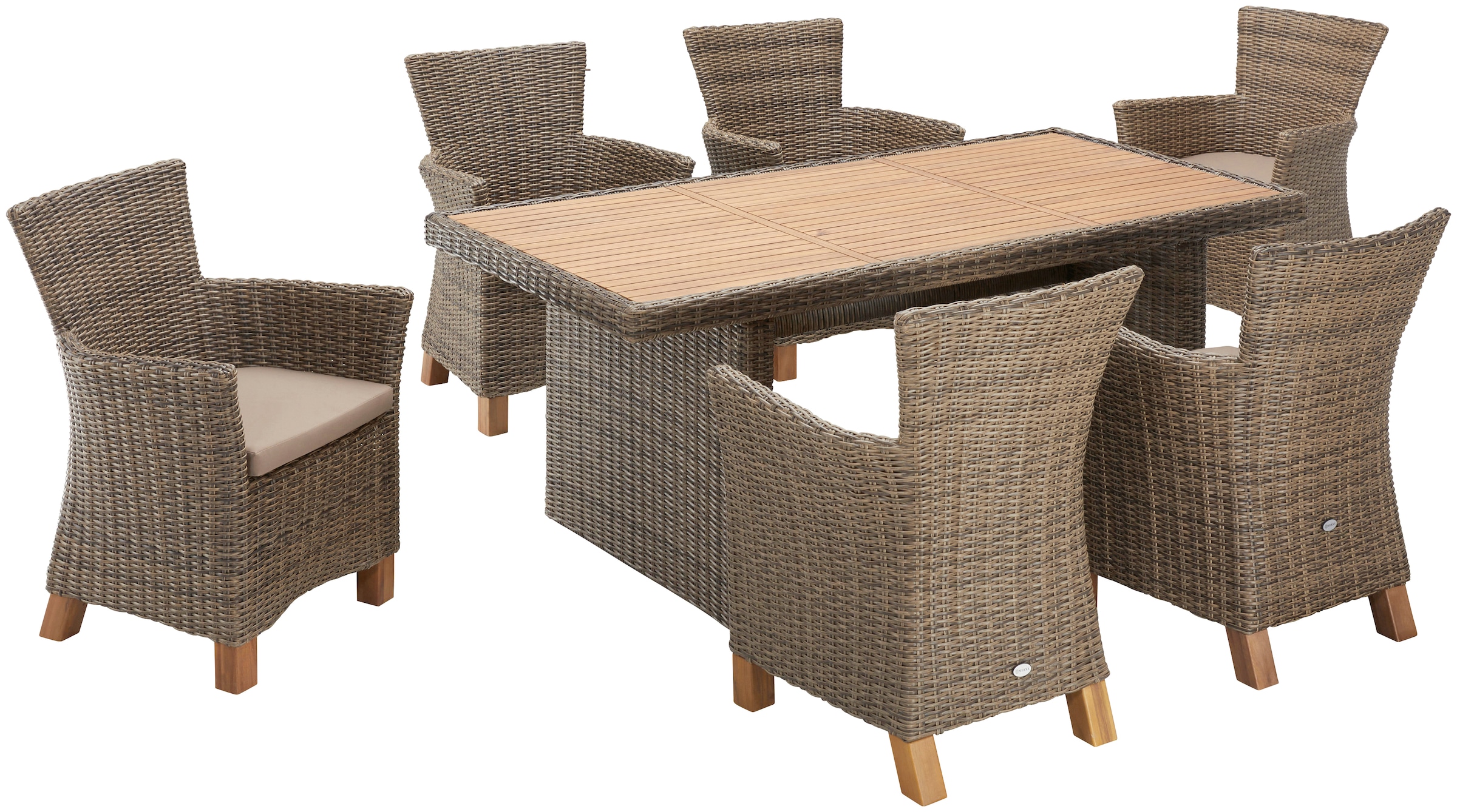 MERXX Garten-Essgruppe »Toskana«, (13 tlg., 6 Sessel, 1 Wangentisch 185x90 cm, inkl. Sitzkissen), Aluminium, Polyrattan, Akazienholz FSC 100 %, geeignet für 6 Personen