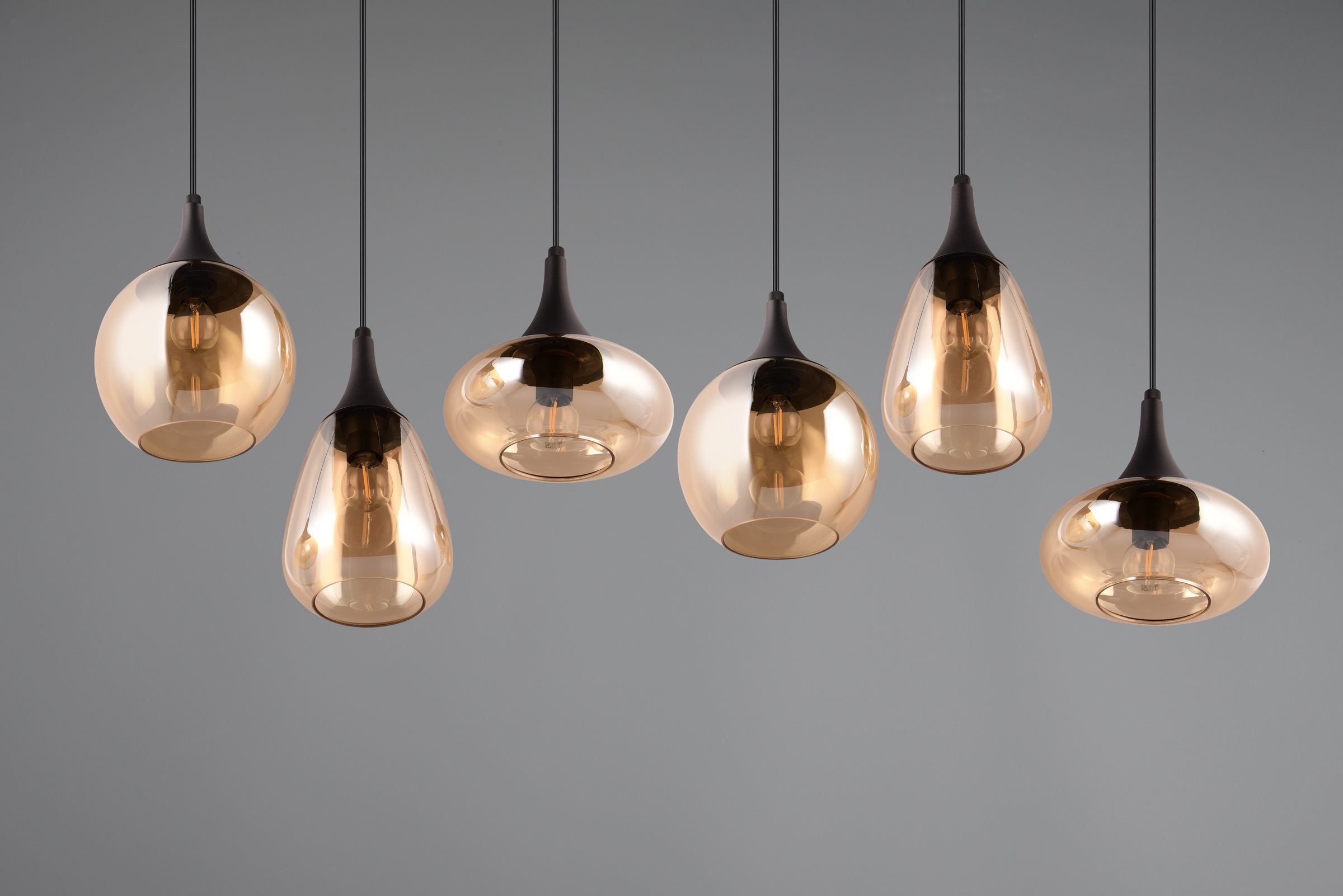 TRIO Leuchten Pendelleuchte »LUMINA, E14 Hängelampe 6-flammig Glasschirme in 3 Formen amberfarbig«, 6 flammig, Leuchtmittel E14 | Leuchtmittel wechselbar, exkl 6x E14 max 40W, Hängeleuchte höhenverstellbar bis max 150 cm