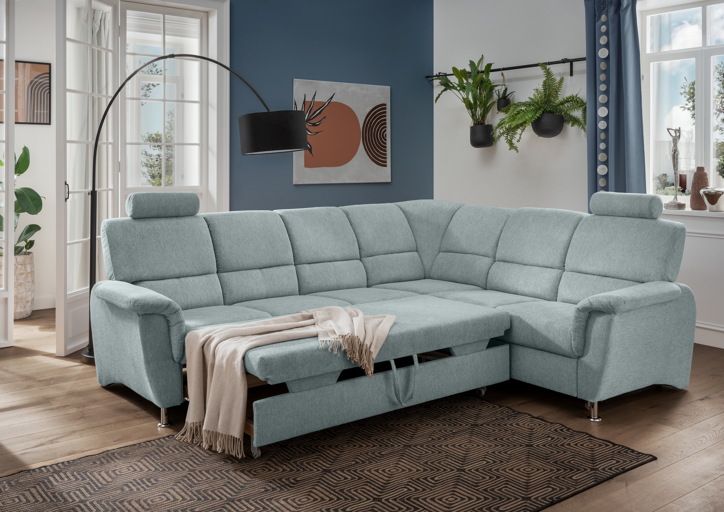 Home affaire Ecksofa »Pisa L-Form, mit Schlaffunktion, Stauraum, 2x höhenverstellbare«, Kopfstützen und Relaxfunktion im Eckelement
