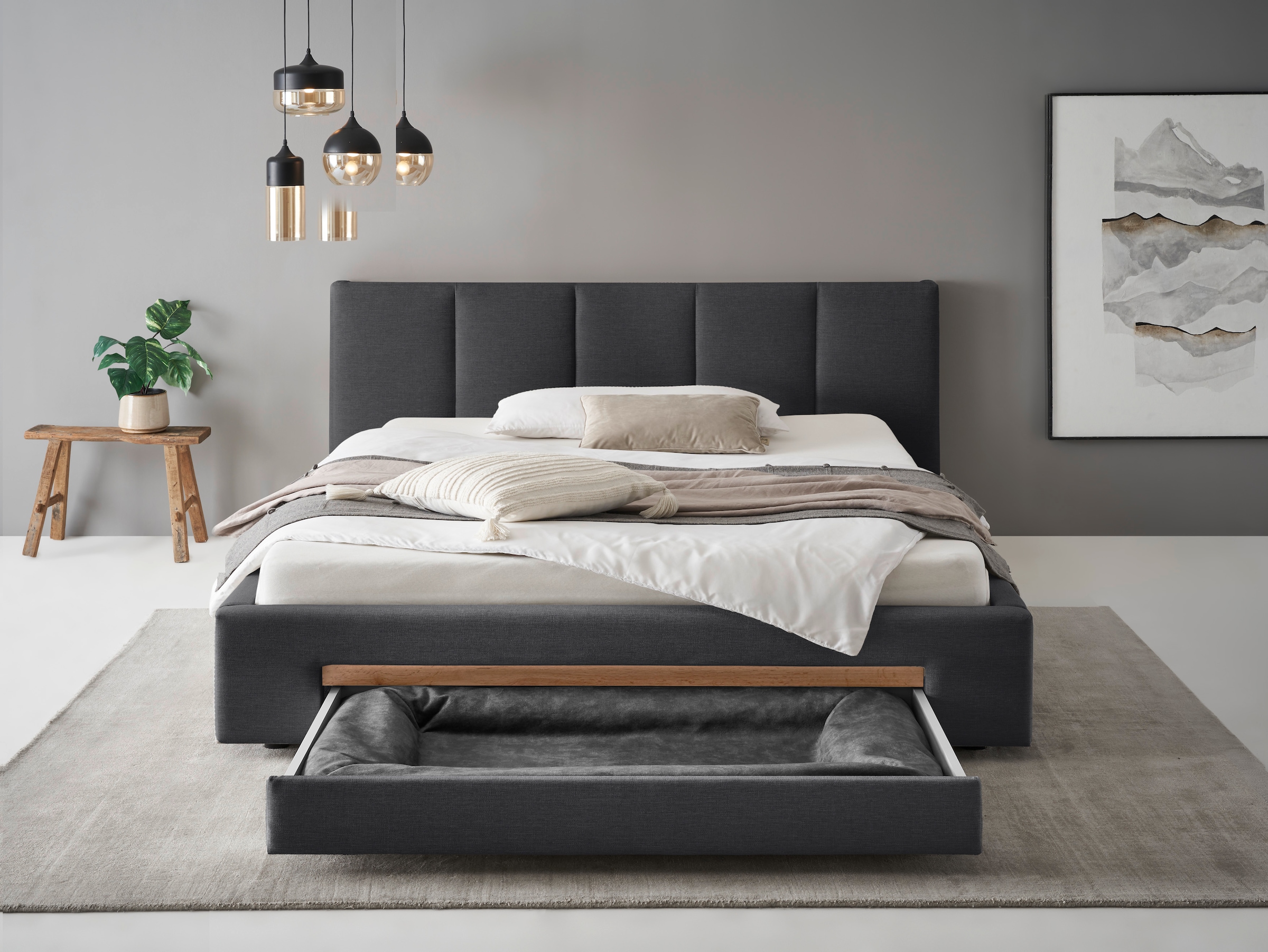 INOSIGN Polsterbett »CiTY/GiRON, Bettgestell mit Bettkasten, gepolstertes Stauraumbett«, mit Hundebett oder Stauraumschublade, Bezug Cord-oder Leinenoptik