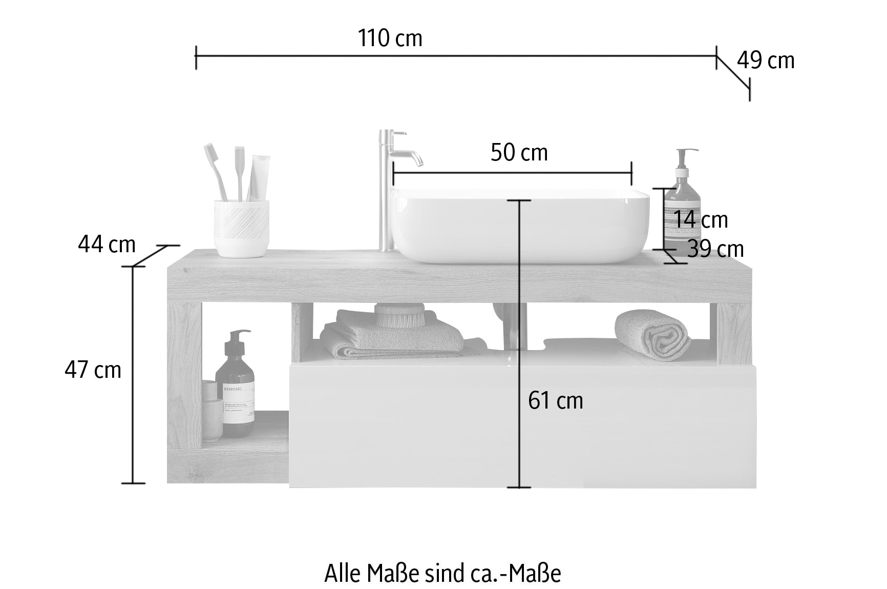 welltime Waschtisch »Hamburg«, 1 Schubkasten, Breite 110 cm, Soft-Close, inkl. Keramik-Aufsatzbecken