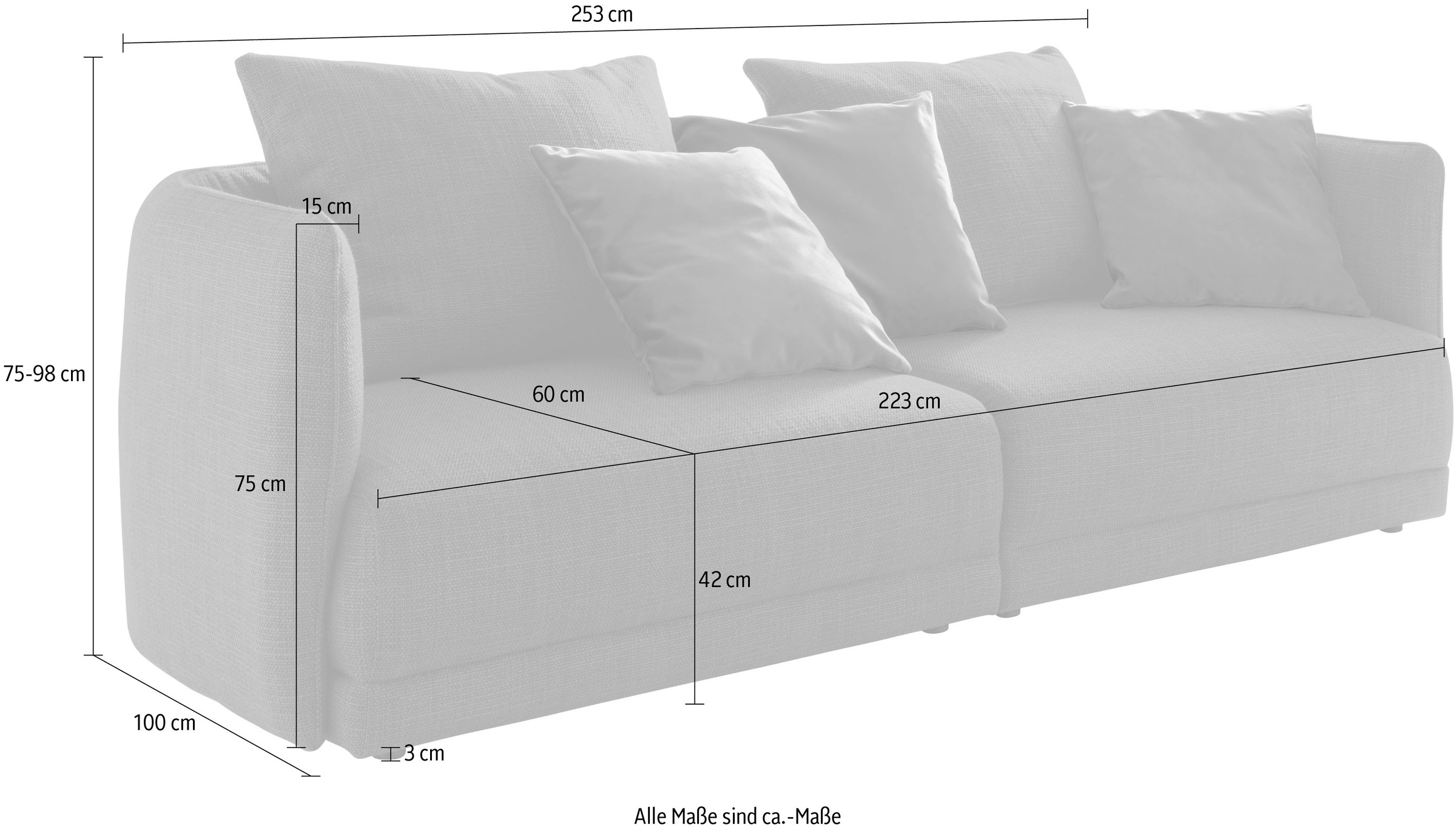designwerk Big-Sofa »New York, Design trifft hohen Sitzkomfort,«, Breite 253 cm, mit schmaler Arm- und Rückenlehne