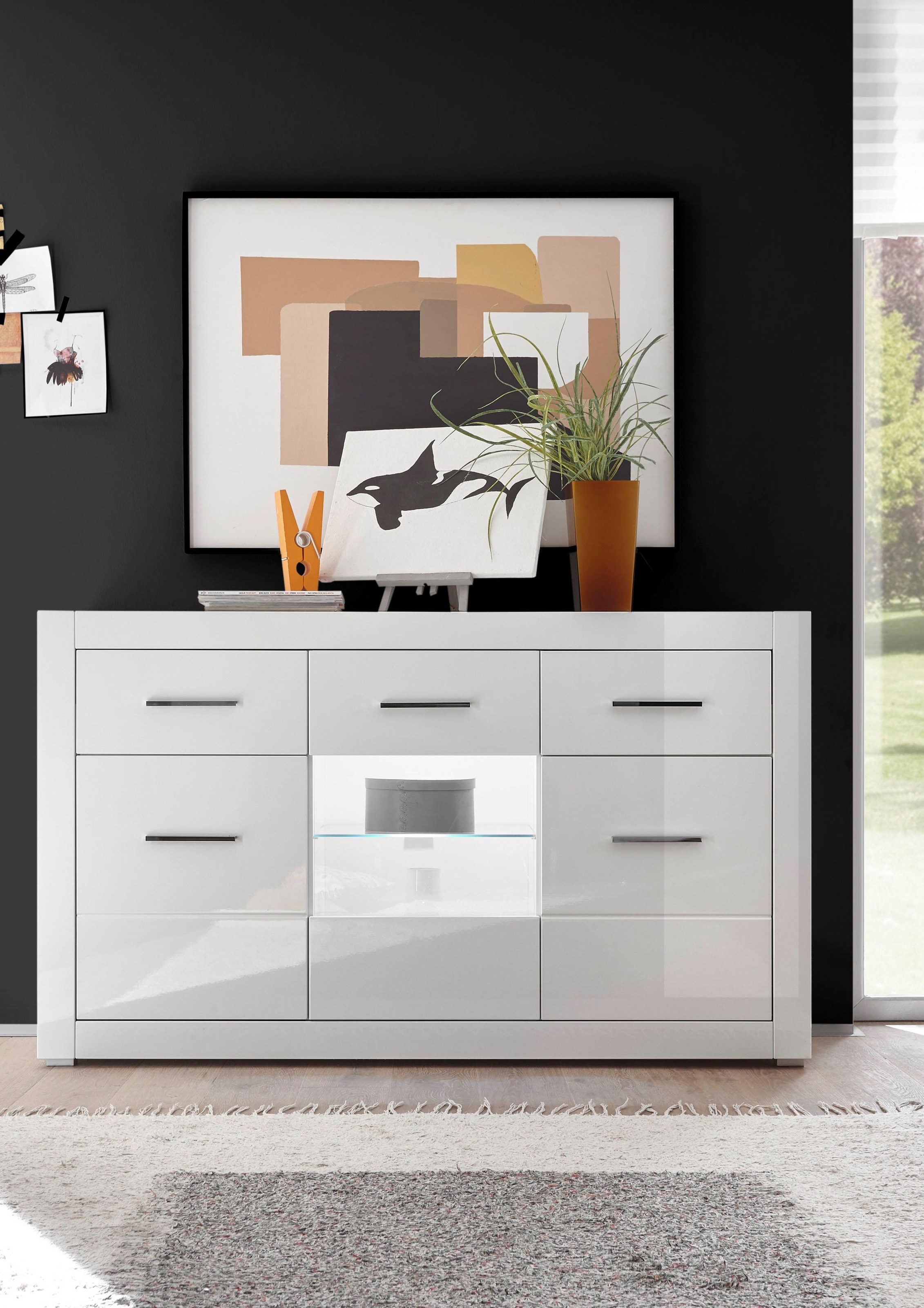 Home affaire Sideboard "Bianco, moderner Schrank, Kommode in Weiß Hochglanz" silberne Metallgriffe, ausreichend Stauraum, zeitlos, 164 cm breit