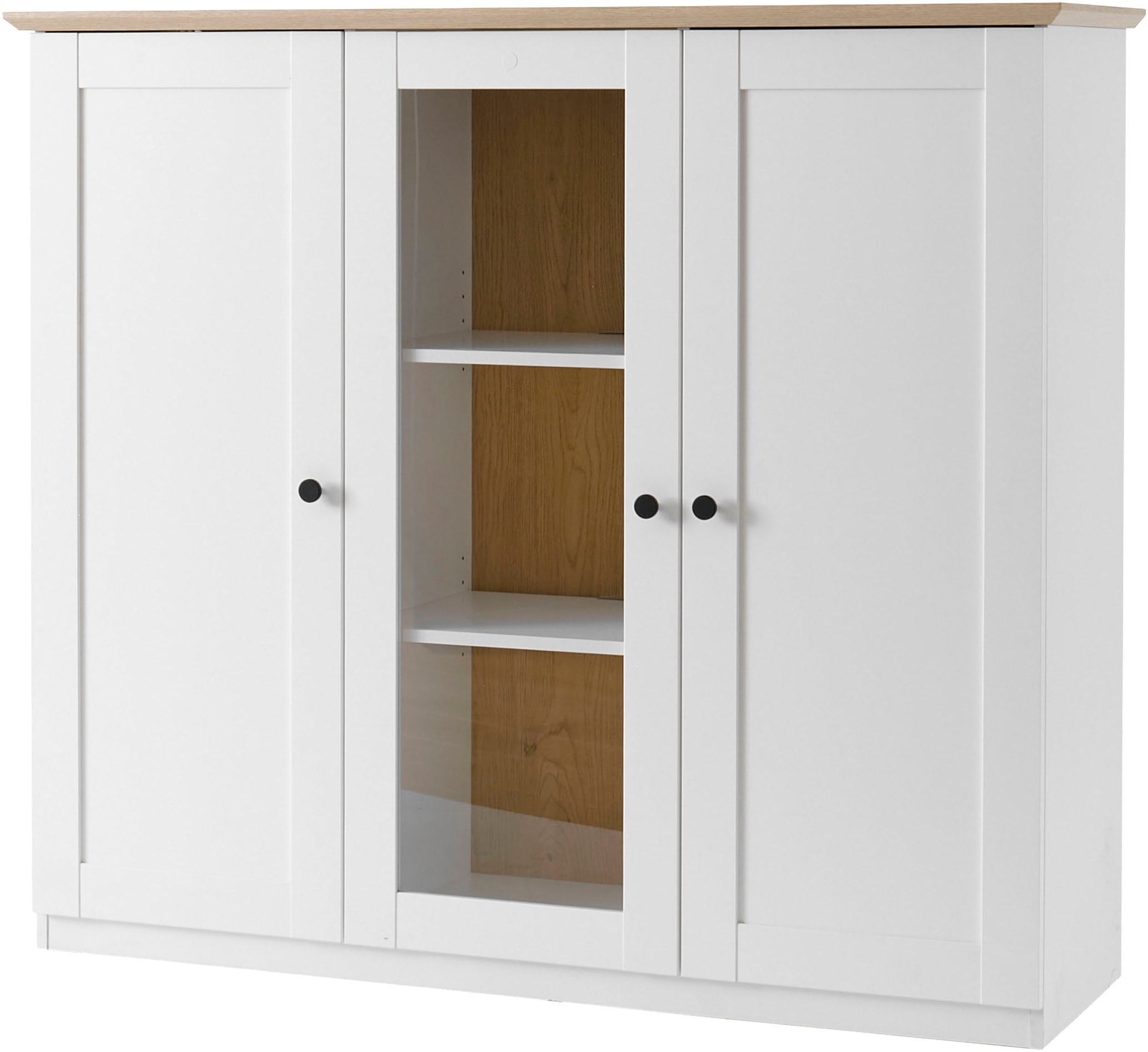 OTTO home Highboard »Brest, Schrank im Landhausstil, Sideboard, zeitloses Stauraumelement« schwarze Metallgriffe, ausreichend Stauraum, Glastür, 139 cm breit