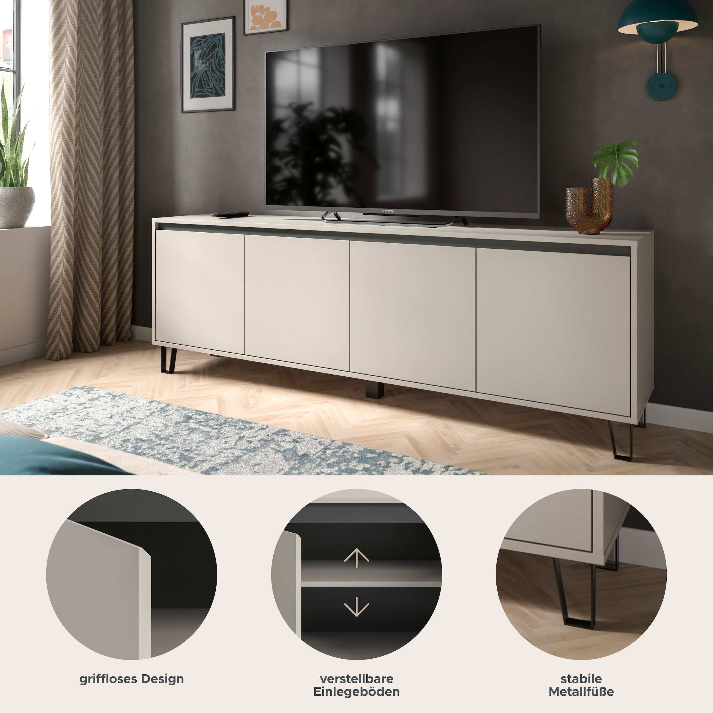 Home affaire Lowboard »BALTIC, Breite 184cm, grifflose Fronten, Metall-Füße,4 Türen, 4 Fächer« TV-Möbel, TV-Schrank, TV-Lowboard, Mediaboard