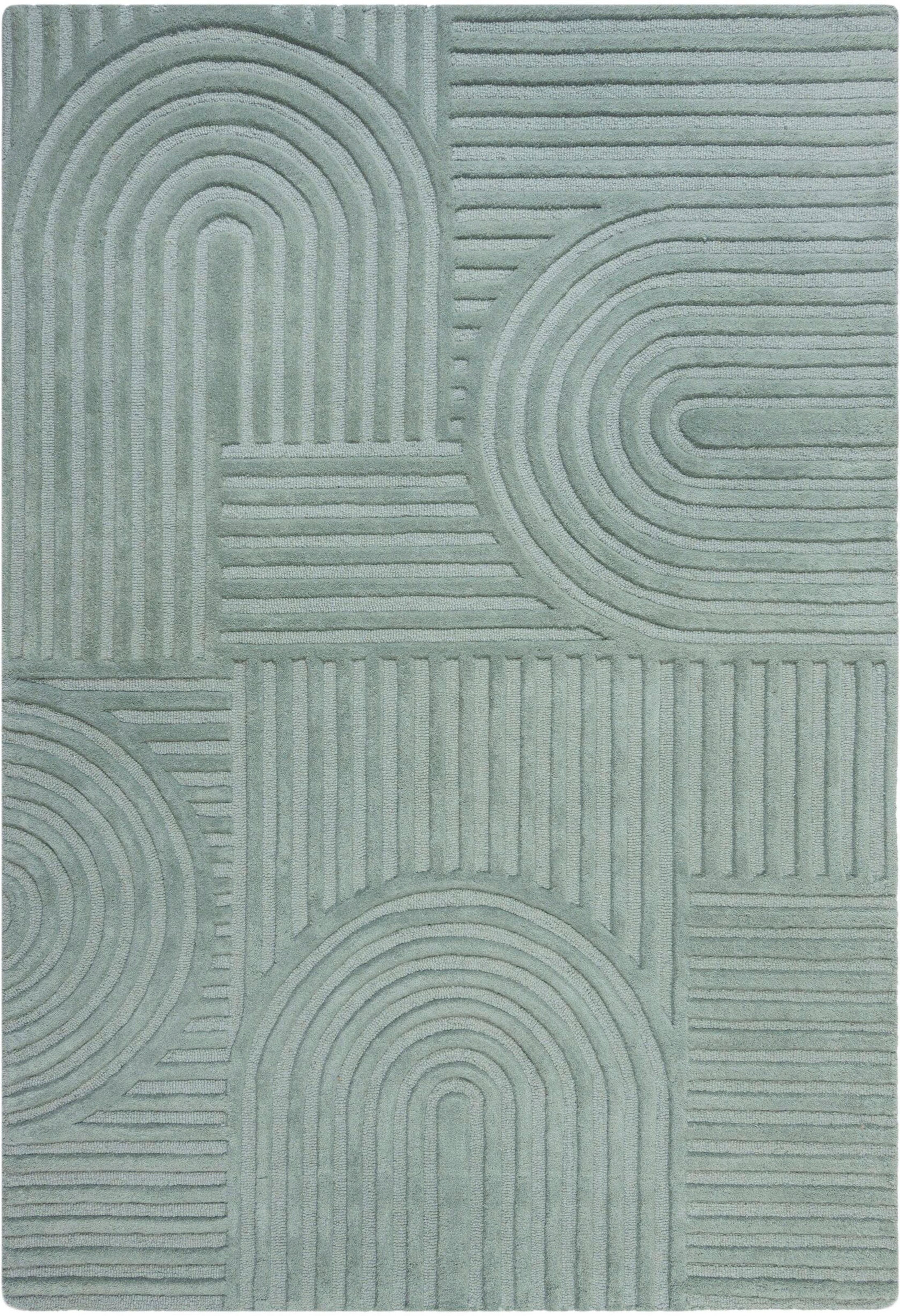Wollteppich FLAIR RUGS "ZEN GARDEN", grün (mint), B:120cm H:14mm L:170cm, Wolle, Teppiche, 100% Wolle, Hoch-Tief-Effekt, auch als Läufer und in Rund erhältlich