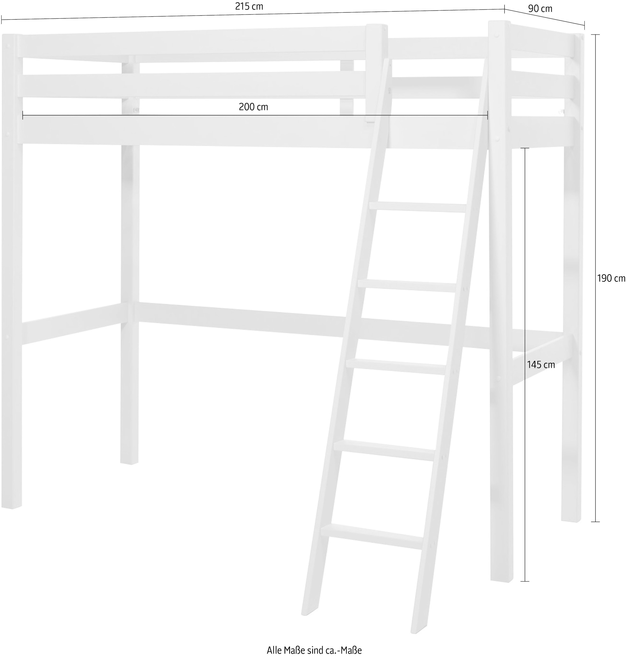 Vipack Hochbett »Pino, inkl. Rolllattenrost, Absturzschutz und schräger Leiter«, (B/H/T ca. 209x190x215cm, Höhe unter der Liegefläche 145 cm nutzbar), in zwei Breiten 90 oder 140 cm erhältlich