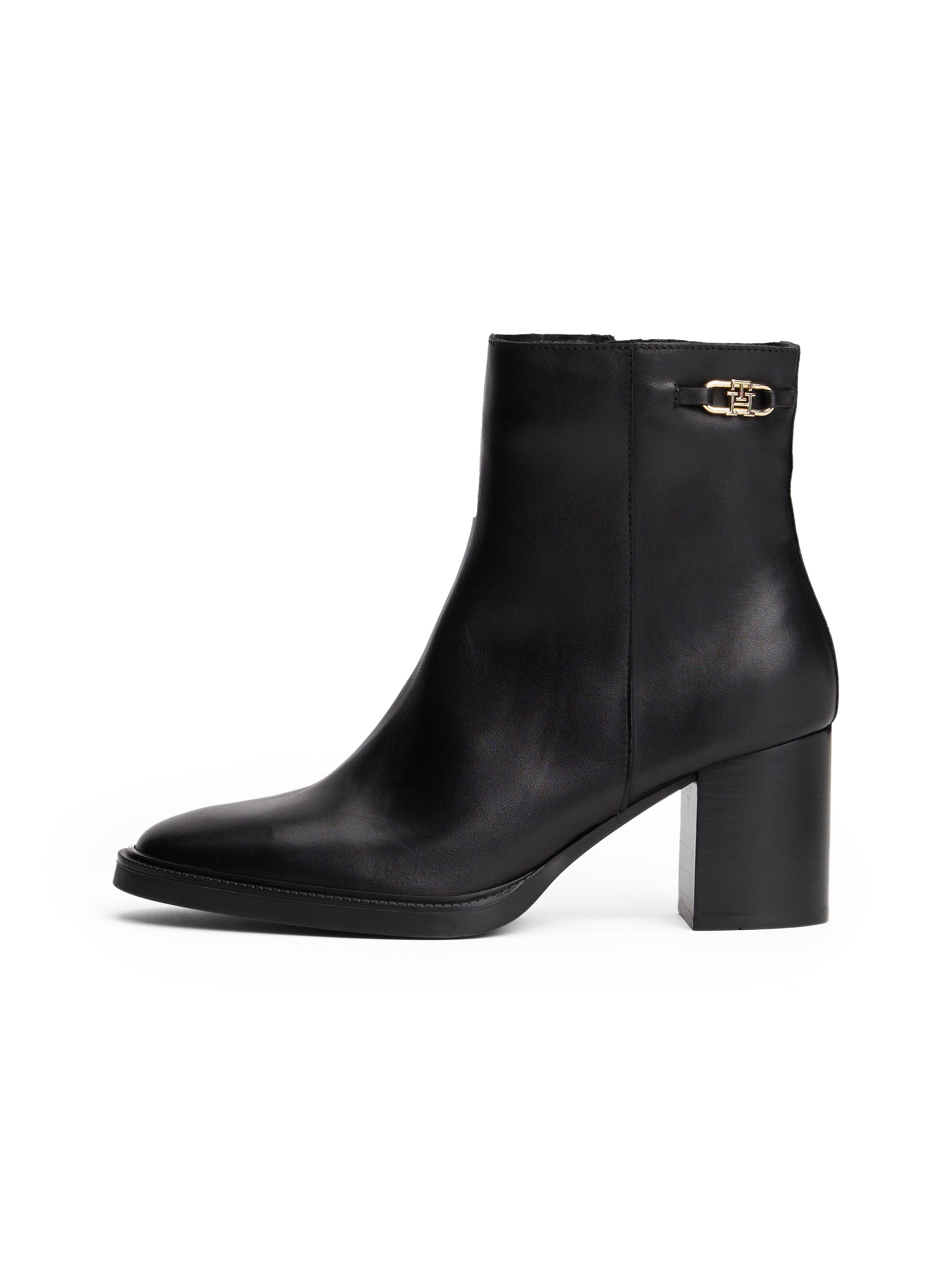 Tommy Hilfiger Stiefelette »STACKED HEEL LEATHER ANKLE BOOT«, Blockabsatz, Ankleboots, Businessschuh, goldfarbenes Schmuckelement